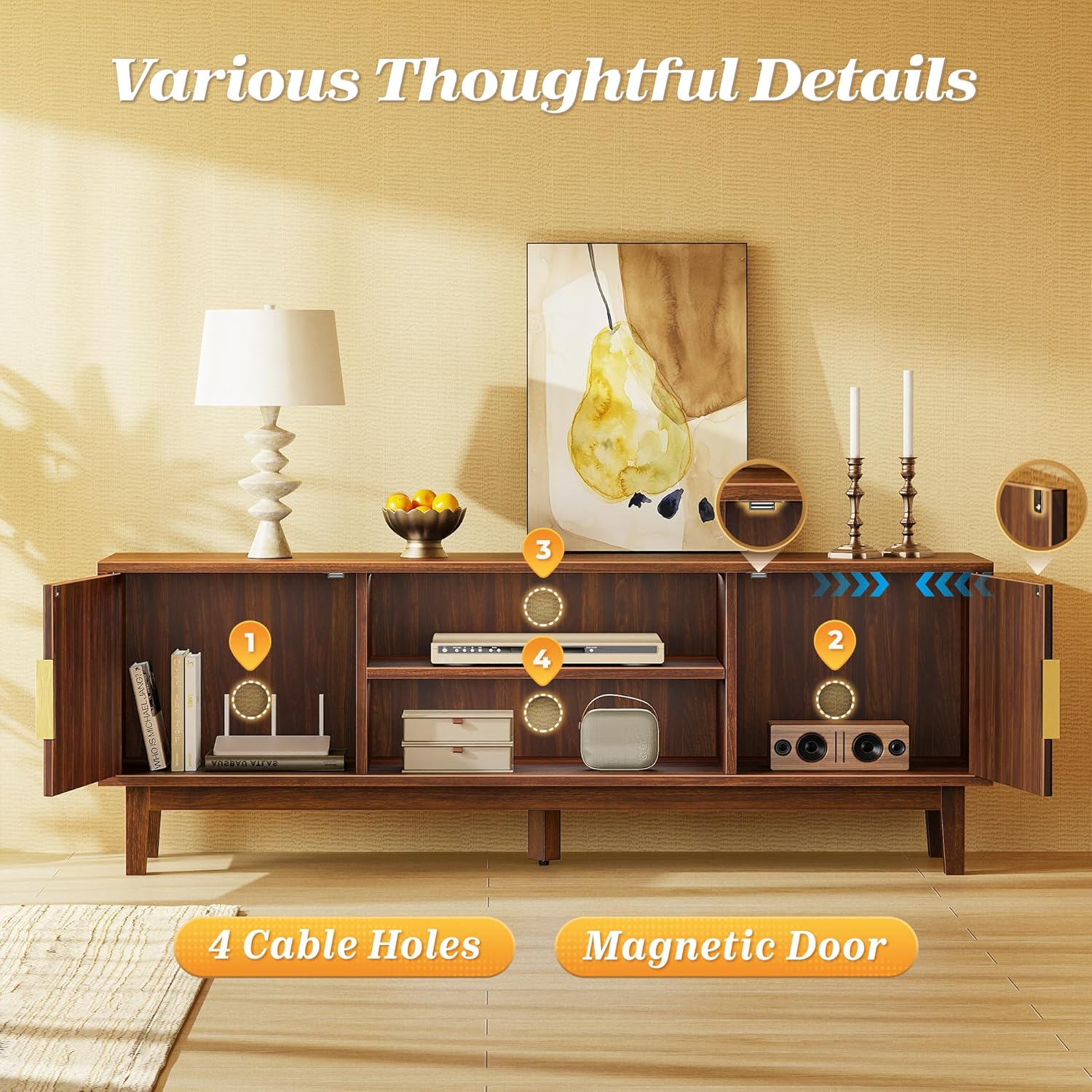 54 Inch Fluted TV Stand for TVs Up to 55, 60 Inch, Mid Century Modern Entertainment Center with Storage