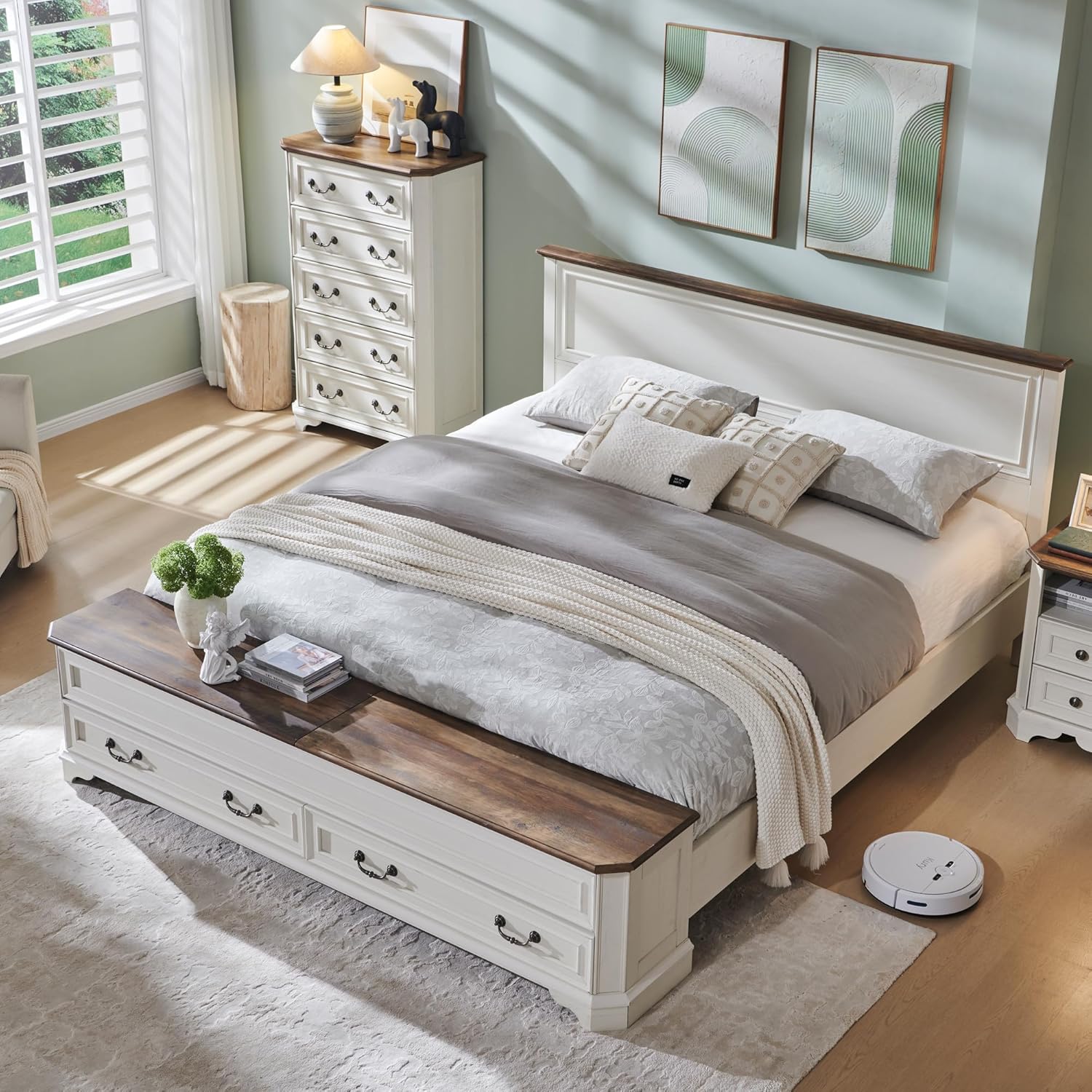 Aitjunz Farmhouse King Size Bed Frame with 51" Tall Headboard, Wood Platform Bed Frame with 20"