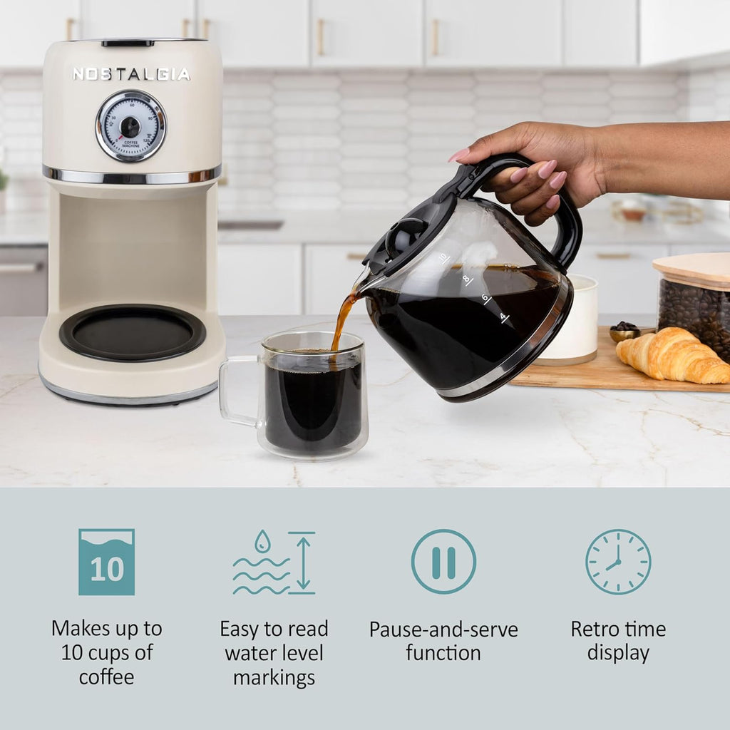 Nostalgia Classic Retro 10 Cup Coffee Maker - One-Touch Drip Brew, Reusable Filter