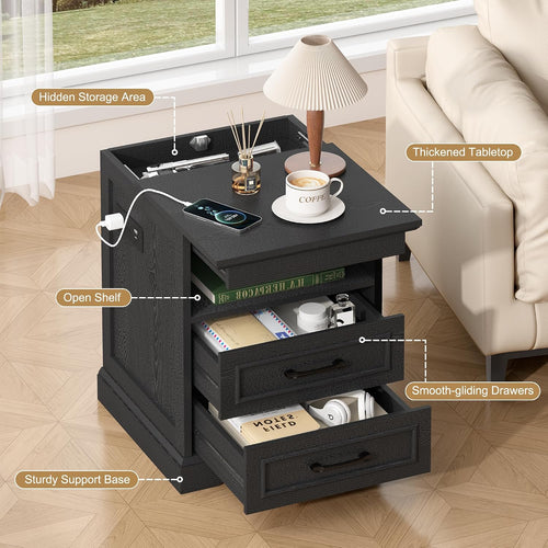 18" Farmhouse Accent Nightstand with Charging Station, End Table with 3 Drawers Storage, Side Table,