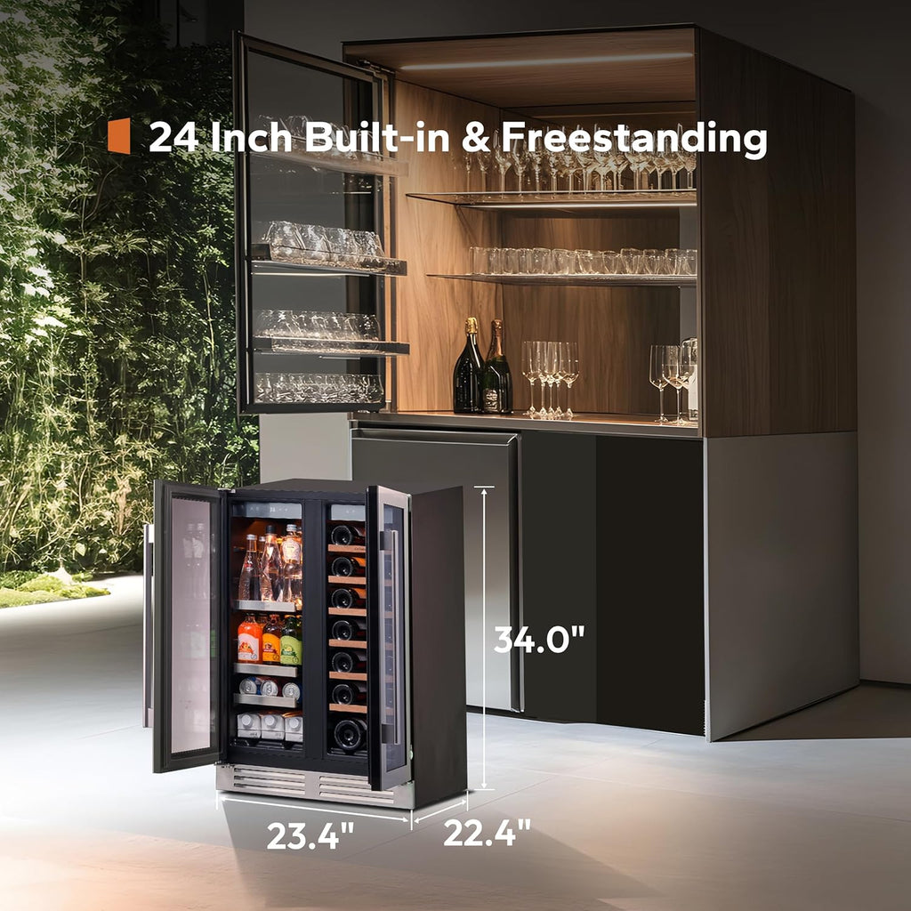 Ca'Lefort 24in Wine Fridge & Beverage Refrigerator with 3 Color LED Lights, Independent Dual Temp Zone Mini Fridge