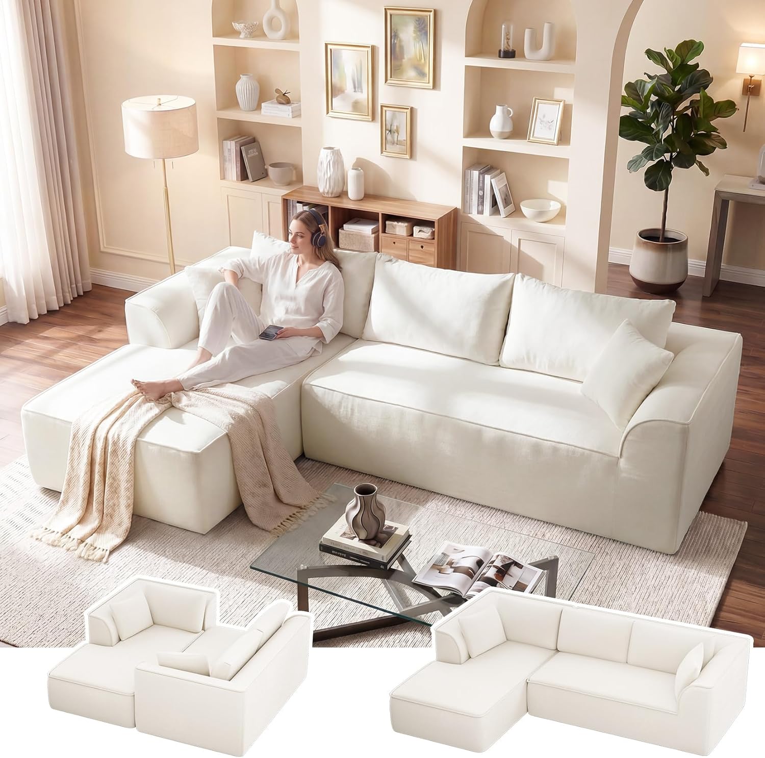Vesgantti 106" Cloud Couch Sectional Modular Sofa, Deep Seat Comfy Cloud Couch Chenille Memory Foam Sofa