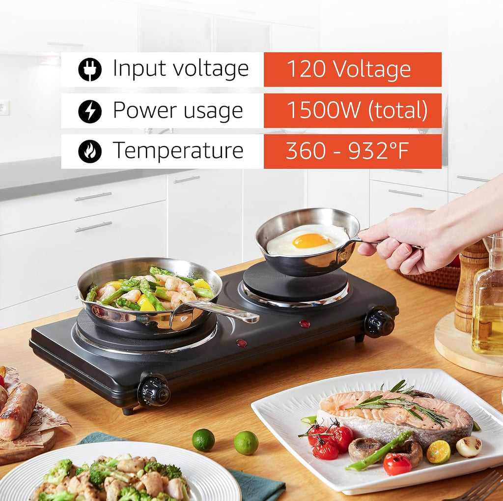 Elite Gourmet EDB-302BF# Countertop Double Cast Iron Burner, 1500 Watts Electric Hot Plate,