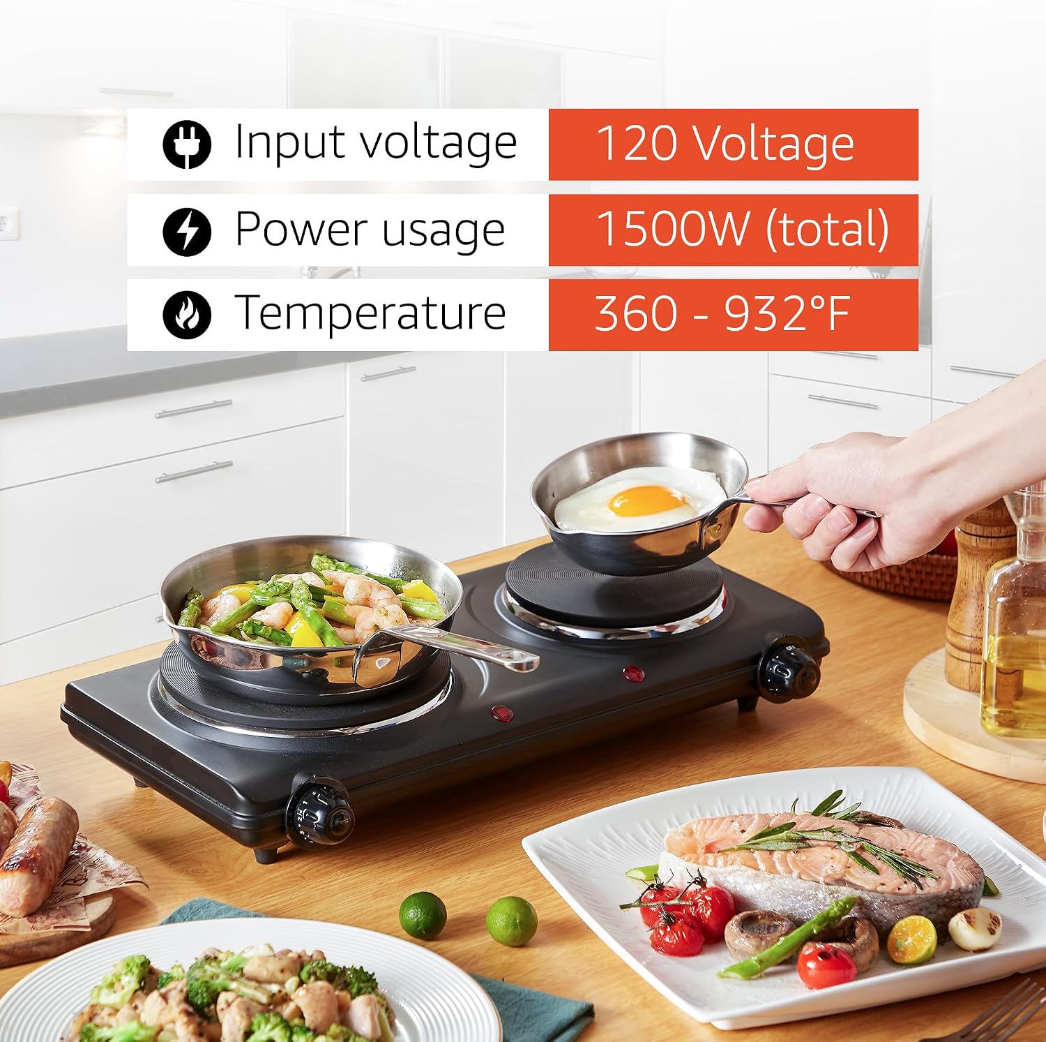 Elite Gourmet EDB-302BF# Countertop Double Cast Iron Burner, 1500 Watts Electric Hot Plate,