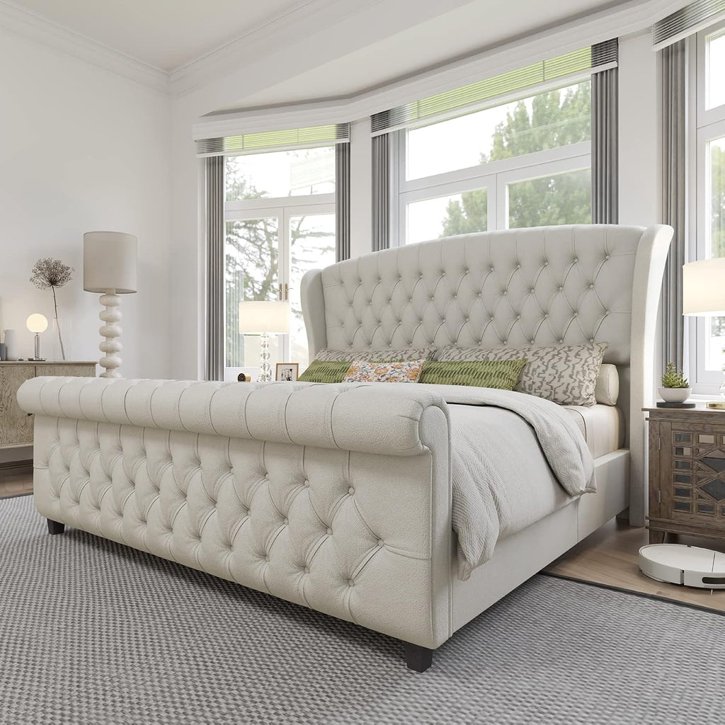 AMERLIFE King Size Platform Bed Frame, Chenille Upholstered Sleigh