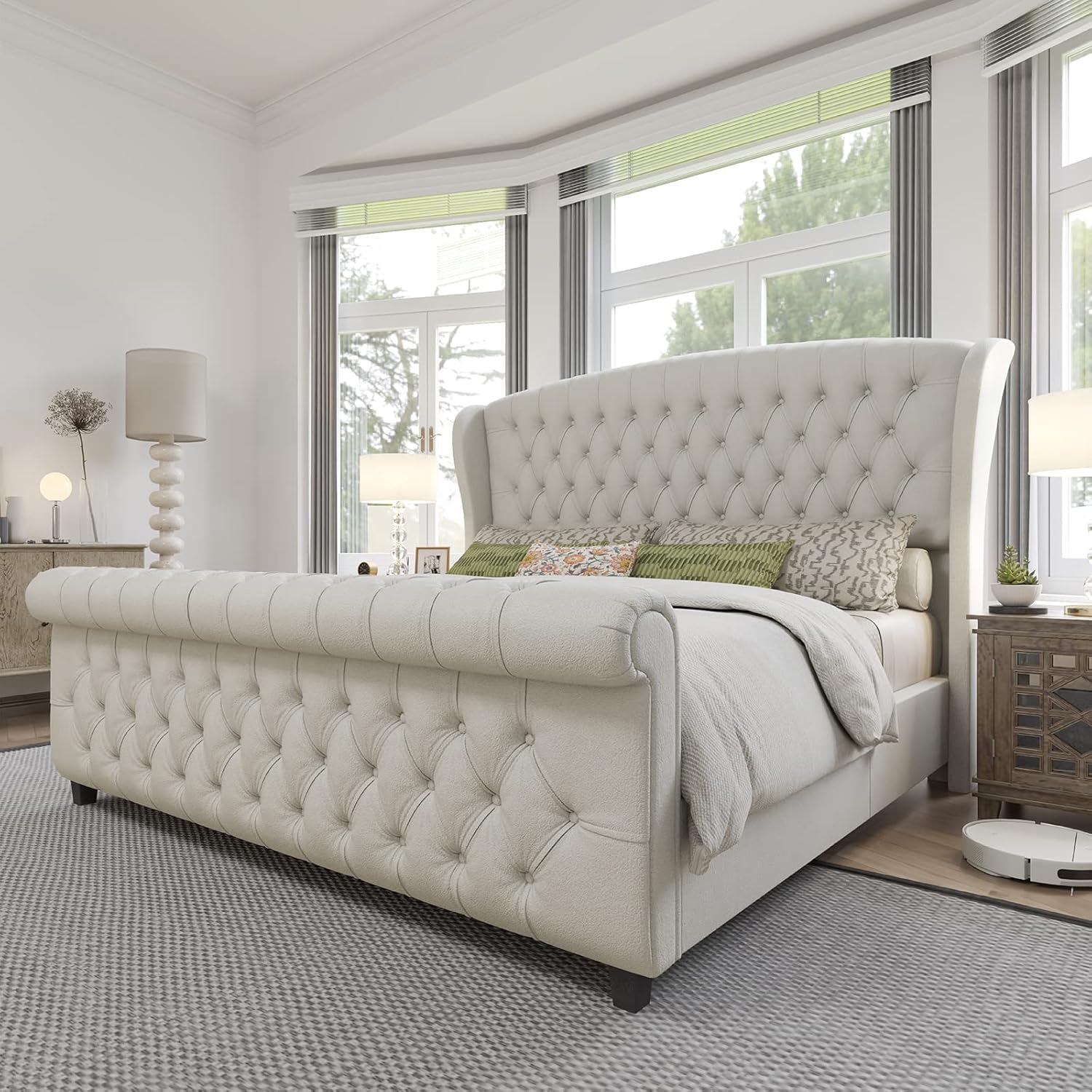 AMERLIFE King Size Platform Bed Frame, Chenille Upholstered Sleigh