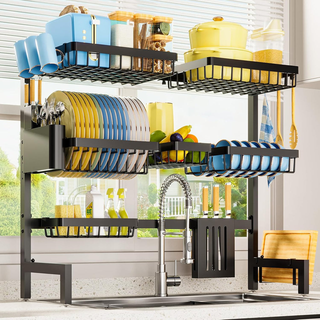 Sakugi Dish Drying Rack - Over The Sink Dish Drainer Drying Rack with Utensil & Knife Holder, Hooks