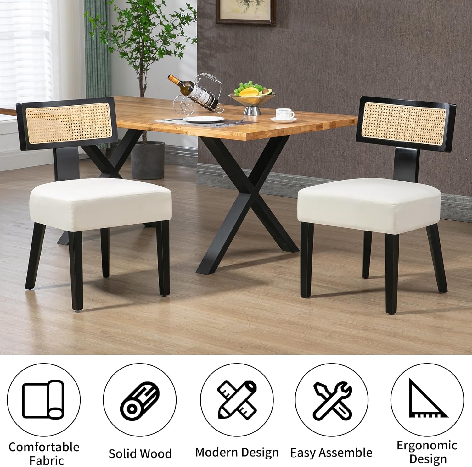 Rattan Dining Chairs Set of 4, Mid-Century Modern Fabric Upholstered Dining Room Chairs with Black Hardwood Frame, Curved Backrest