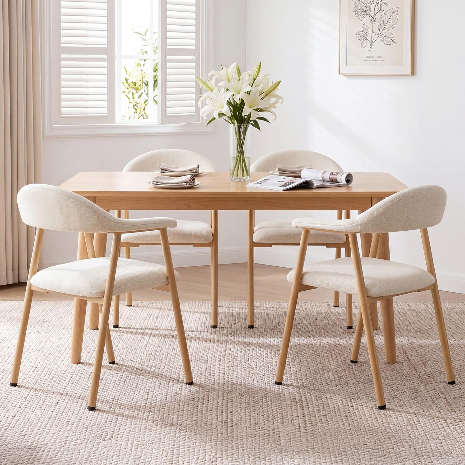 DUMOS Dining Chairs Set of 4, Linen Fabric Upholstered Kitchen Side Chairs with Curved Backrest