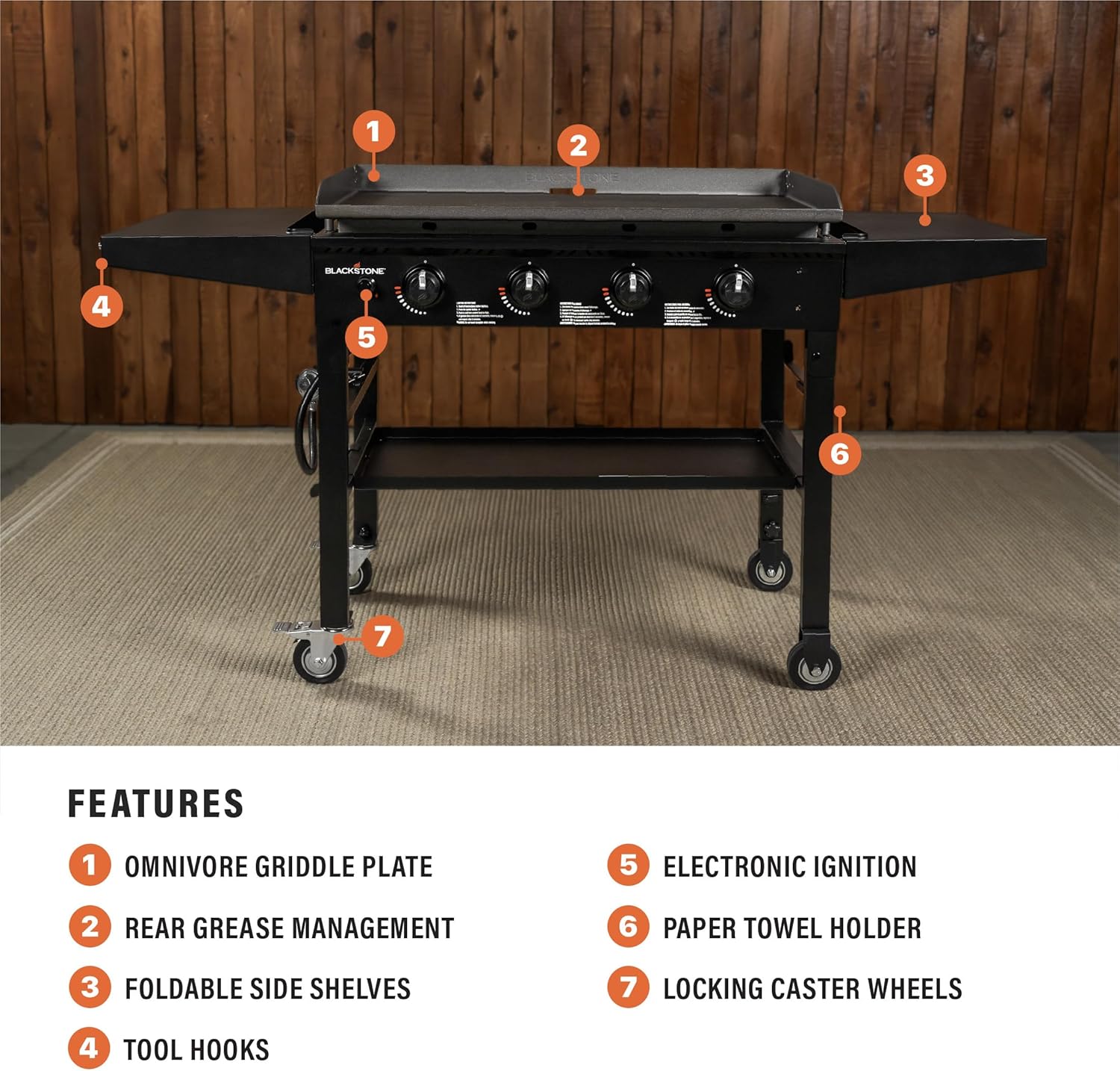 Blackstone 36 Inch 4 Burner 60,000 BTU Portable Steel Griddle Cooking Station with Foldable Legs, Grease Pan, and Storage