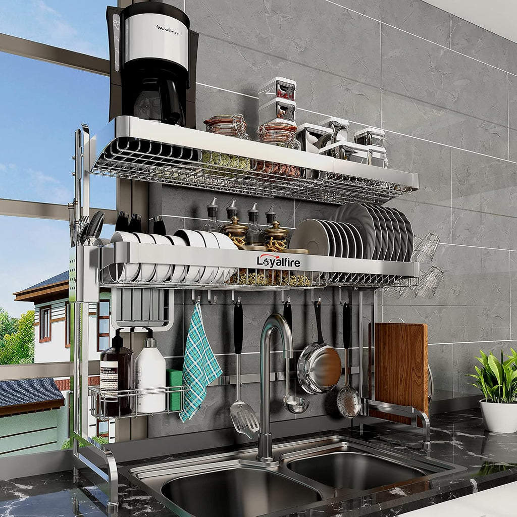 Over Sink Dish Drying Rack, 3 Tier Adjustable Length (20.87'' to 37.6'') Full Stainless Steel Large Storage