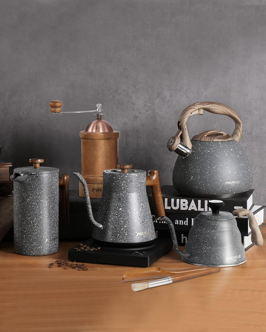 POLIVIAR Tea Kettle, 2.7 Quart Natural Stone Finish with Wood