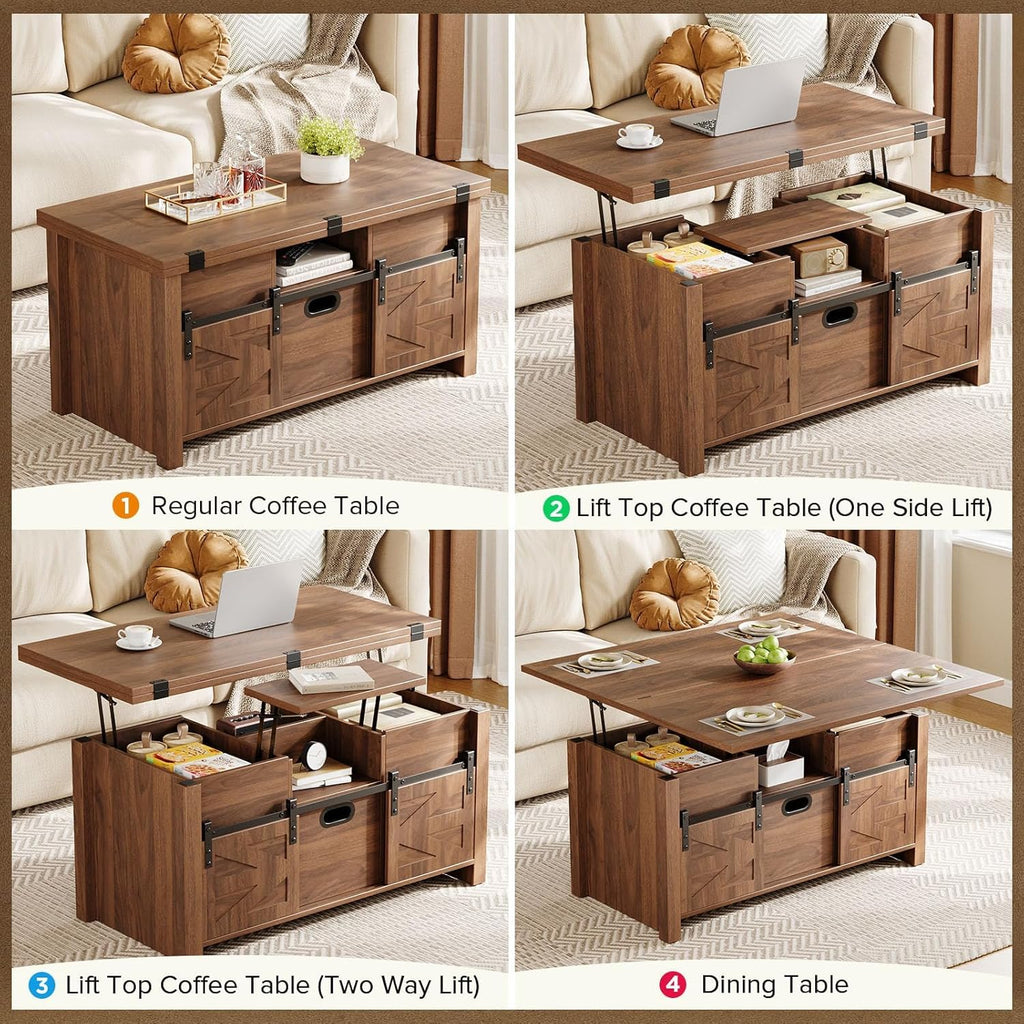 40" Farmhouse Lift Top Coffee Table with Sliding Barn Door,4 in 1 Multi-Function Coffee Tables with Storage Drawers
