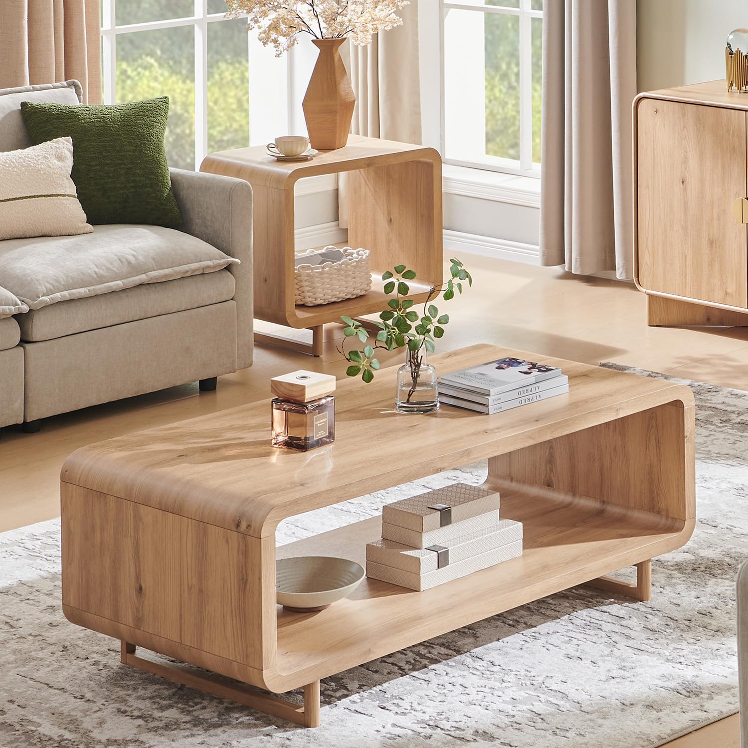 IFGET 48" Modern Coffee Table, 2-Tier Minimalist Center Table with Storage Shelf, Curved Profile Design