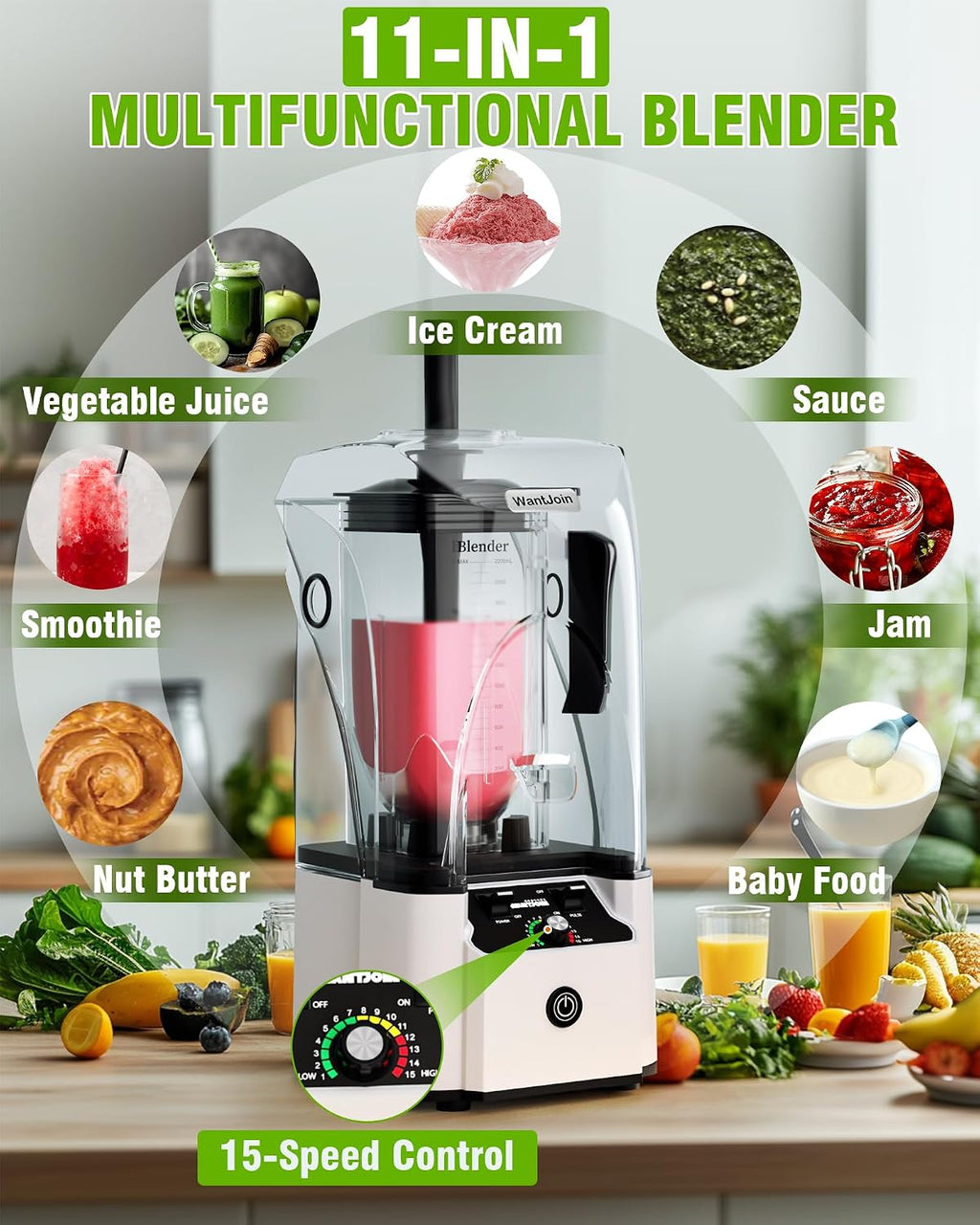 WantJoin Commercial Professional Blender With Shield Quiet Sound Enclosure 2200W Industries Strong