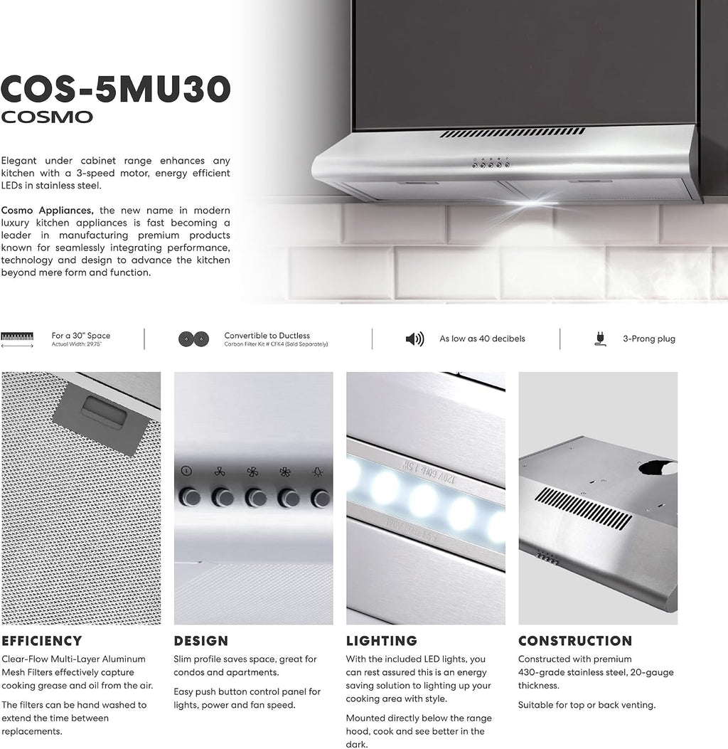 COSMO COS-5MU30 30 in. Delta Collection Ducted Under Cabinet Range Hood, Button Controls