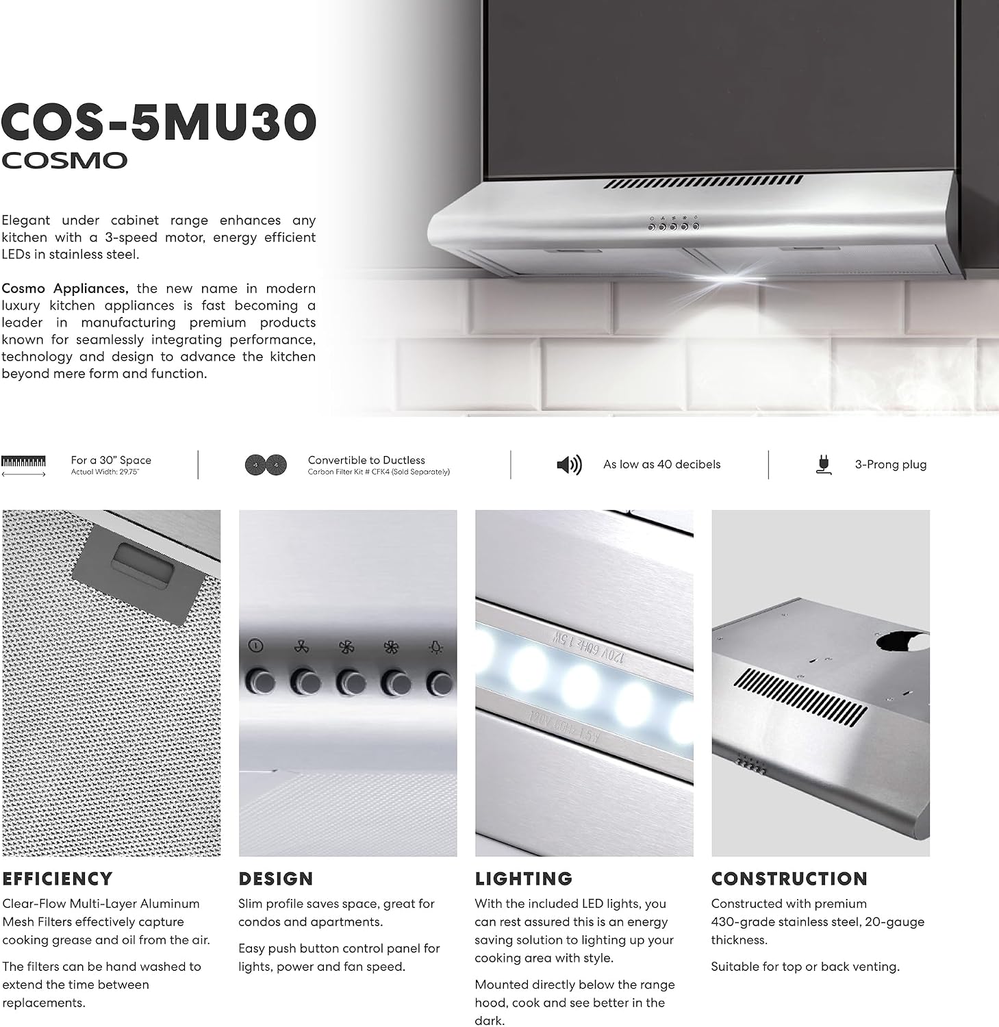 COSMO COS-5MU30 30 in. Delta Collection Ducted Under Cabinet Range Hood, Button Controls