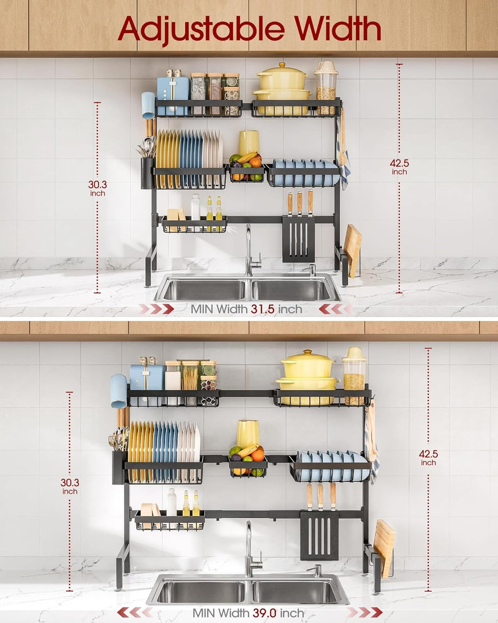 Sakugi Dish Drying Rack - Over The Sink Dish Drainer Drying Rack with Utensil & Knife Holder, Hooks