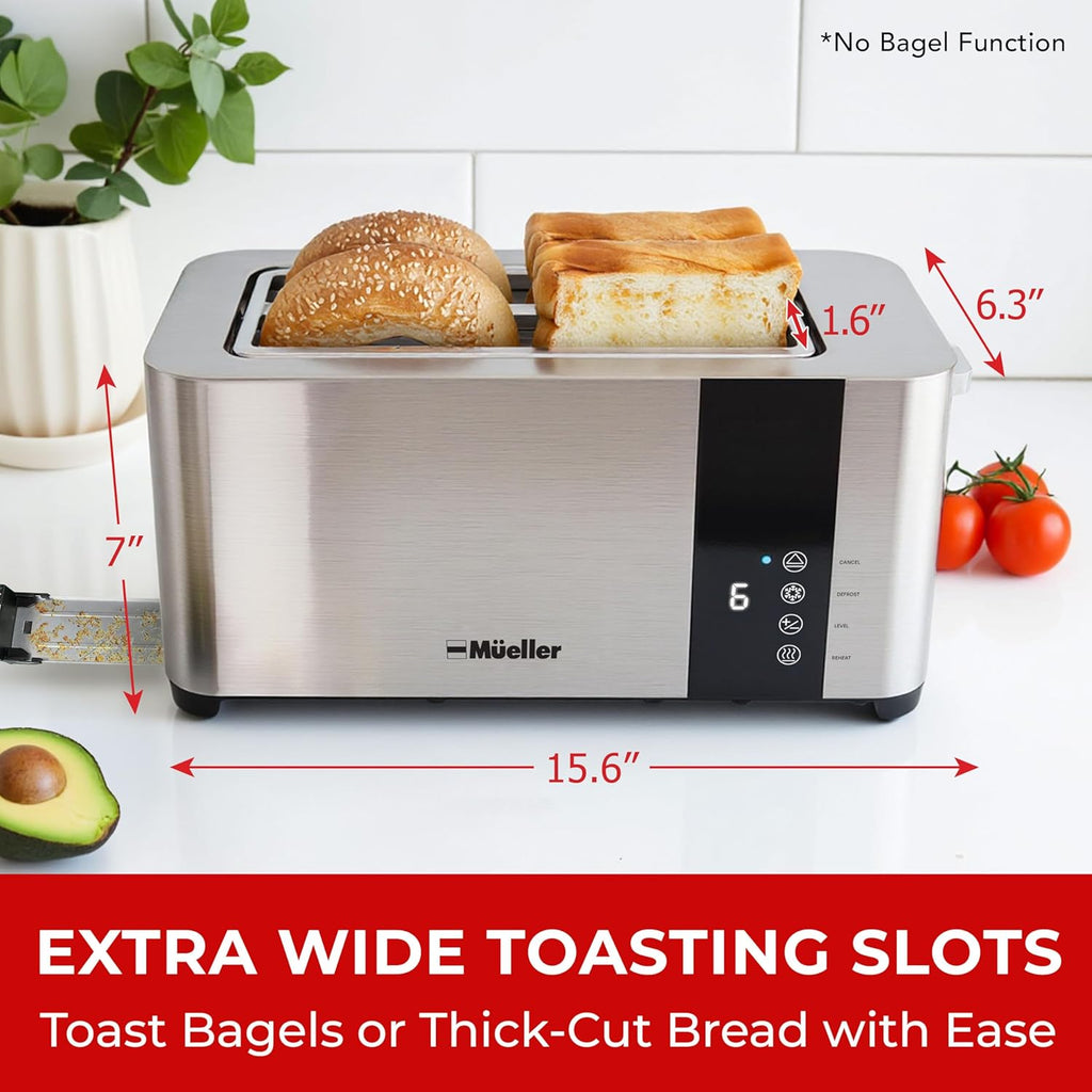 Mueller UltraToast Stainless Steel Toaster 4 Slice – Extra-Wide 1.6" Slots for Artisan Bread, Bagels & Frozen Waffles, 6 Browning Levels