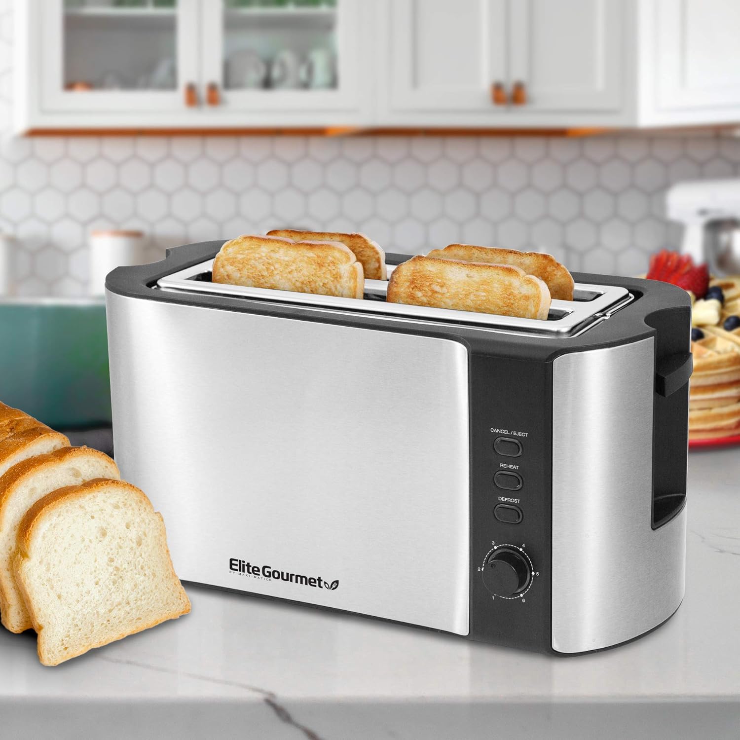 Elite Gourmet ECT-3100 4-Slice Long Slot Toaster | Extra Wide Slots for Bagels, Sourdough & Texas Toast