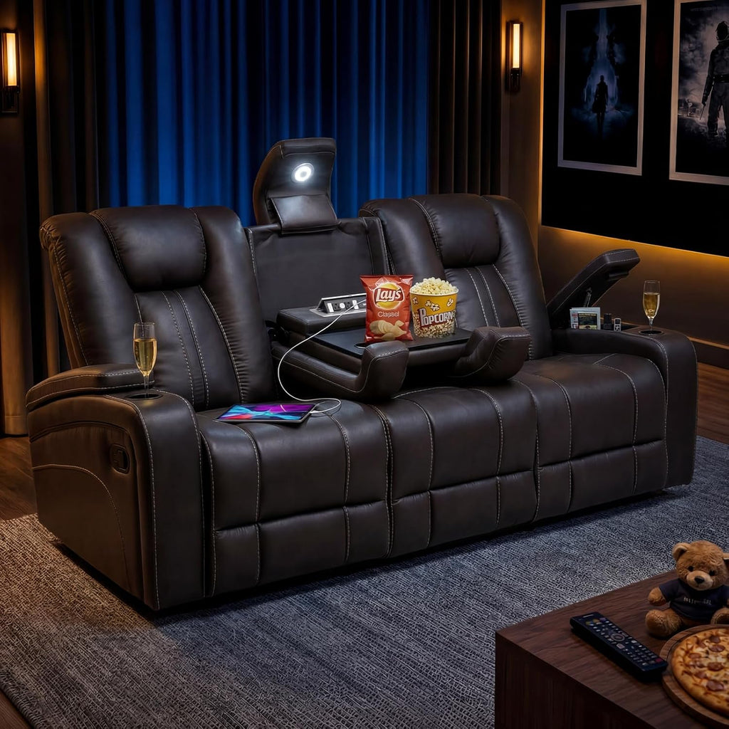 3 Seater Recliner Sofa, 3X Wall Hugger Reclining Sofa with Cup Holder & Light, Home Theater