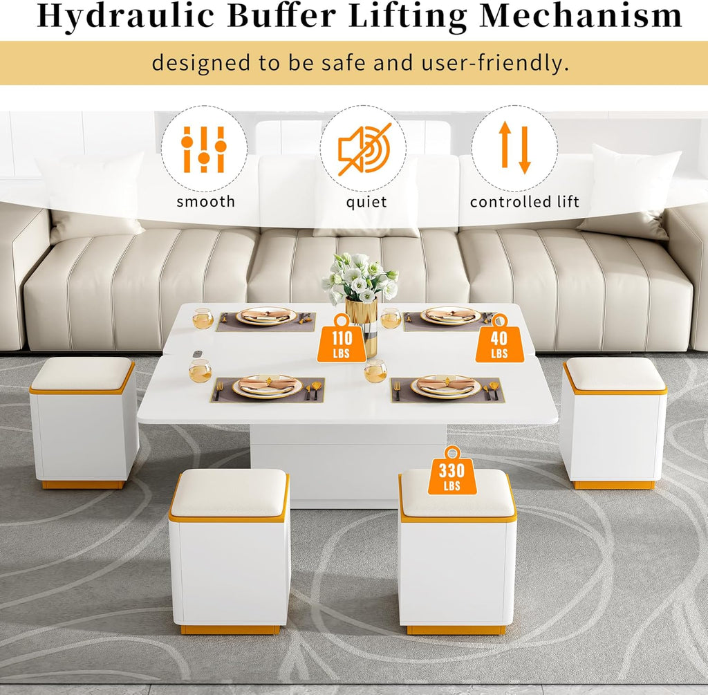 Merax Lift Top Coffee Table with 4 Storage Stools for Living Room