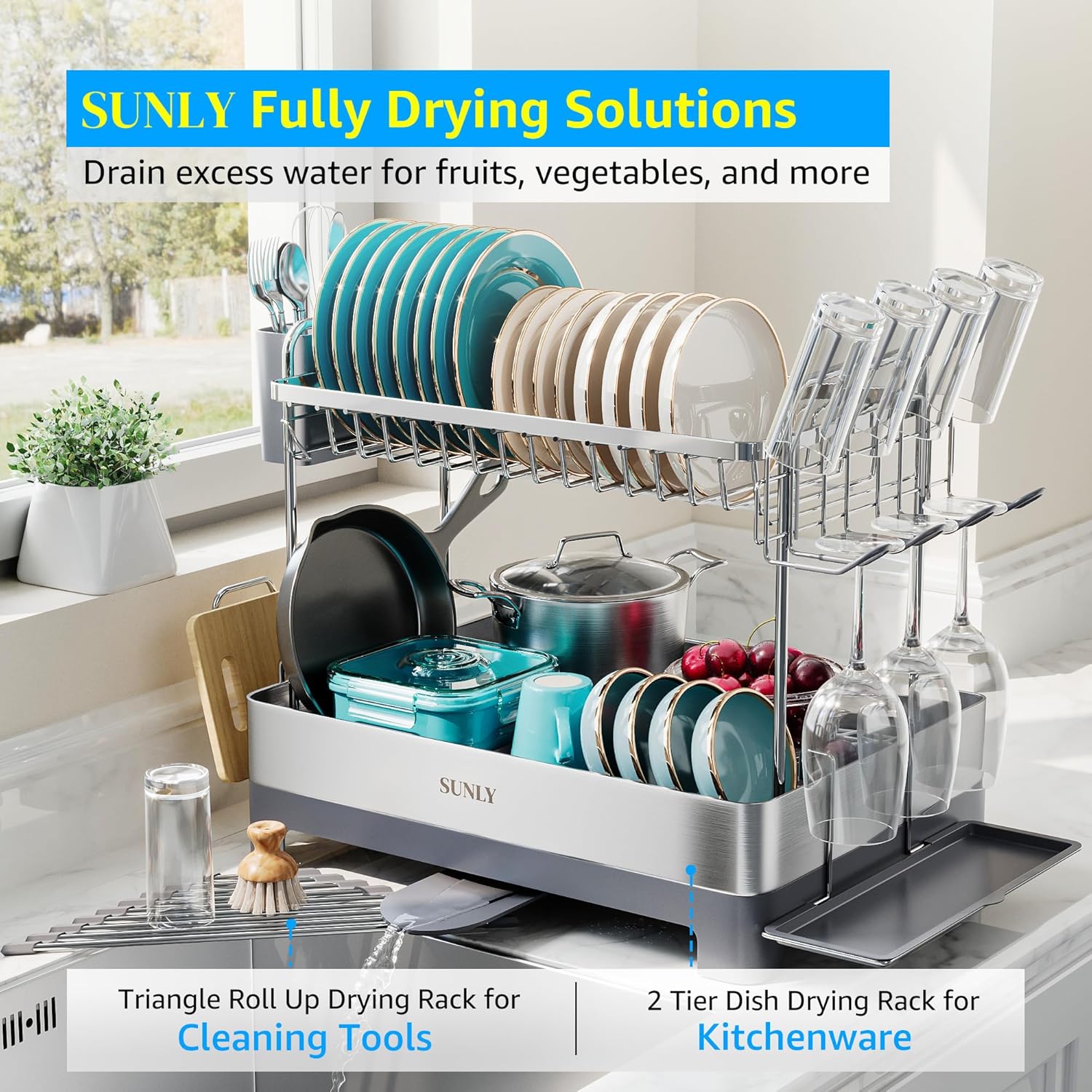 Large Dish Drying Rack, Multipurpose 2 Tier Dish Racks for Kitchen Counter, 304 Stainless