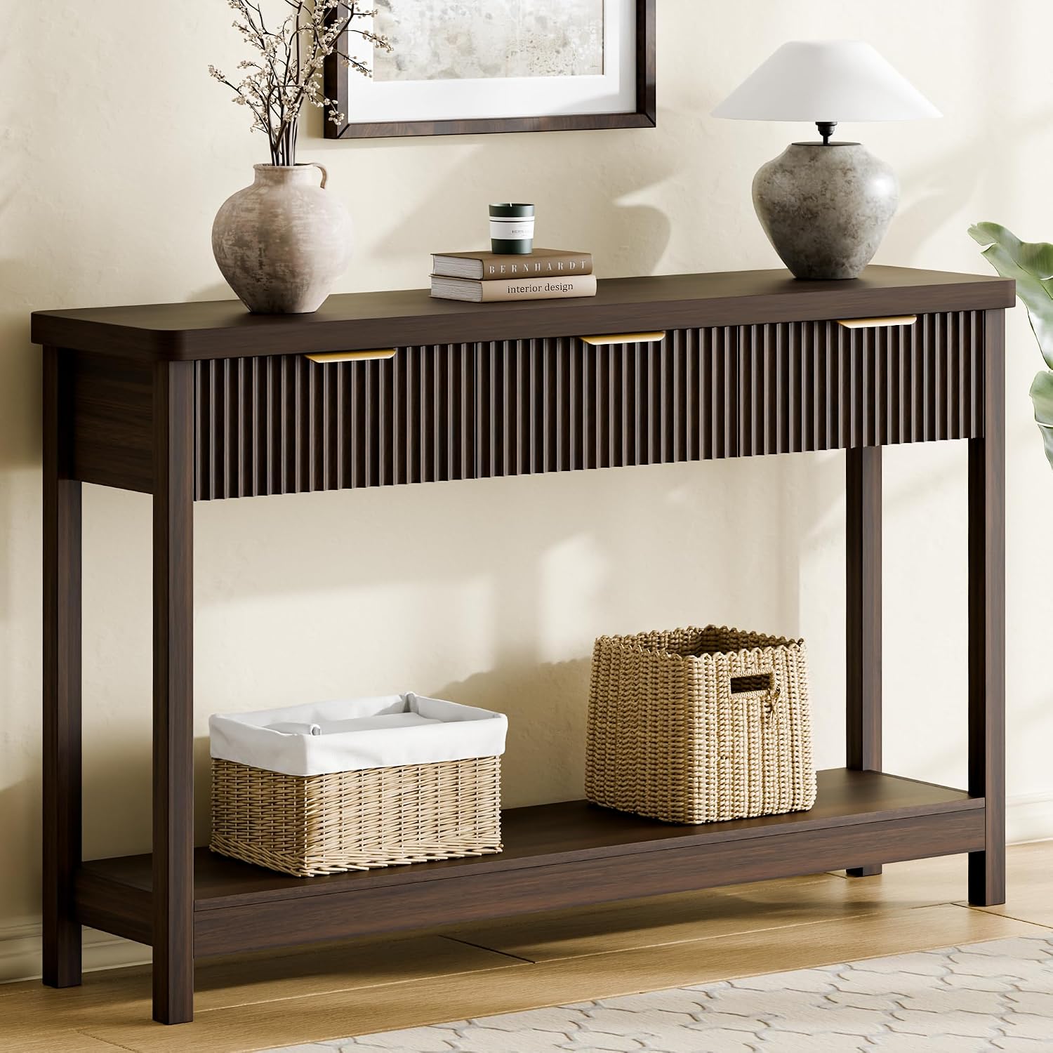 51" Fluted Console Table for Entryway, Entryway Table with 3 Wooden Drawers, Farmhouse Behind Sofa Table