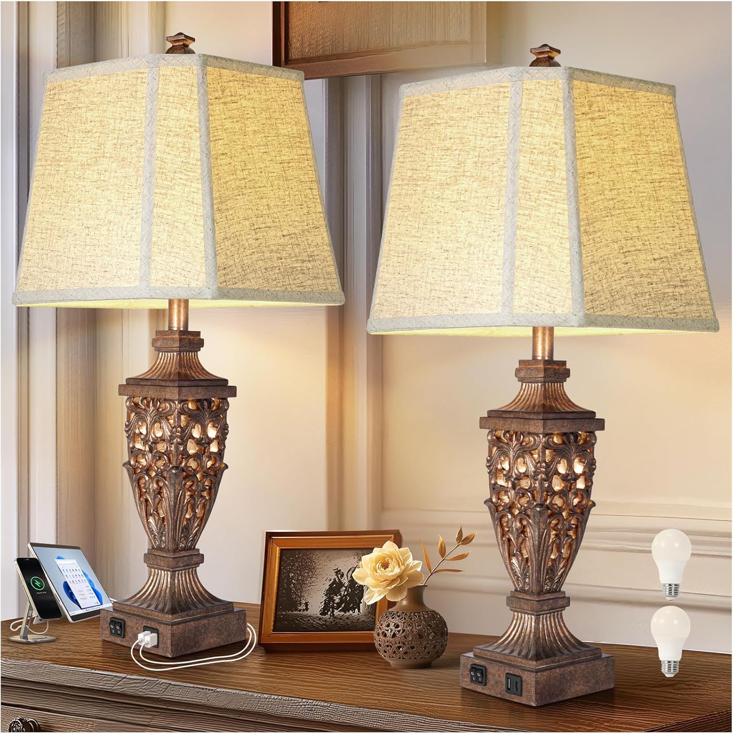 28.5" Vintage Bronze Table Lamps Set Of 2 with Night Light,Lamps for Nightstand with Beige Linen Cut Corner Shade