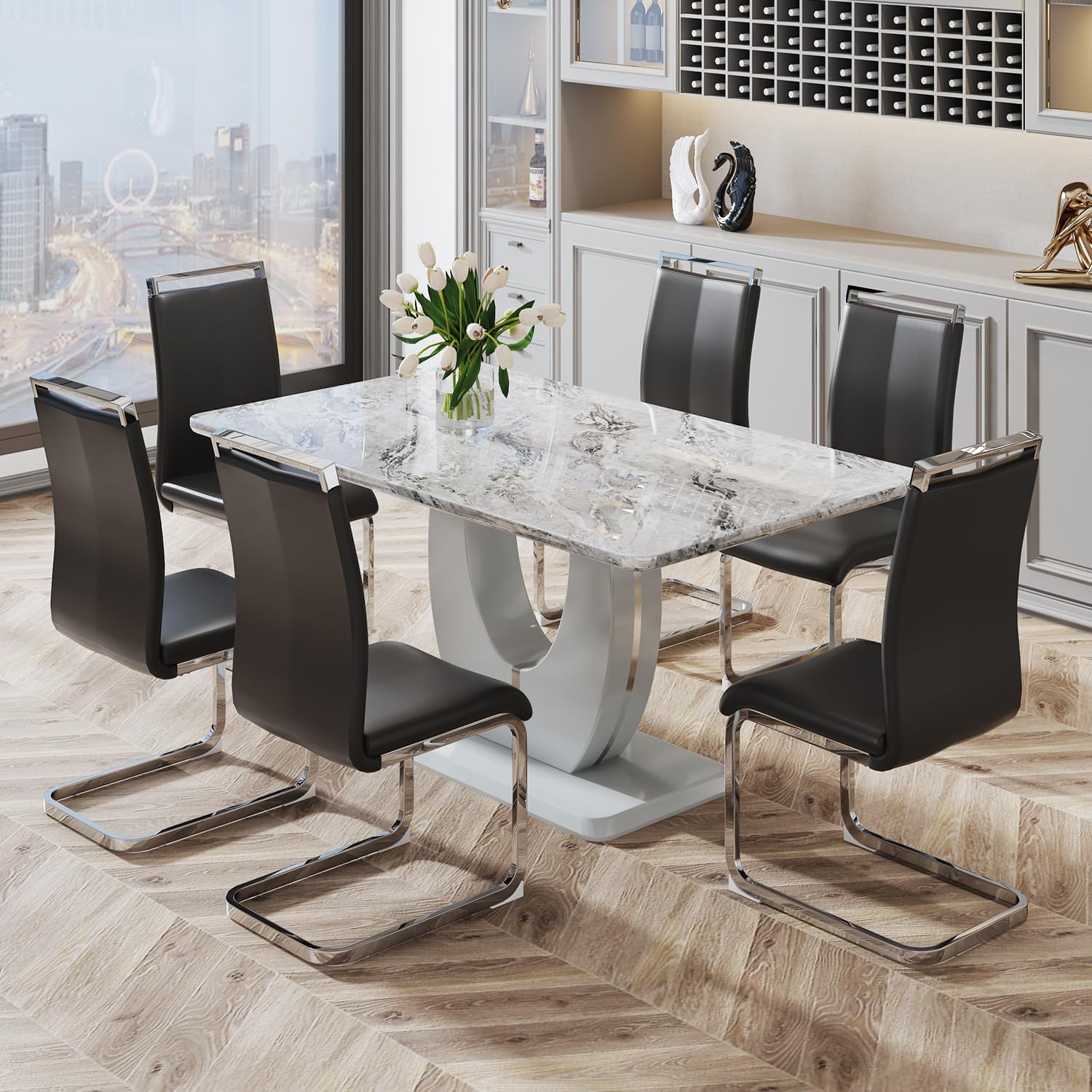 JUFU 7 Piece Dining Table Set for 6, 63 Inch Faux Marble Rectangular Kitchen Table and Chairs Set