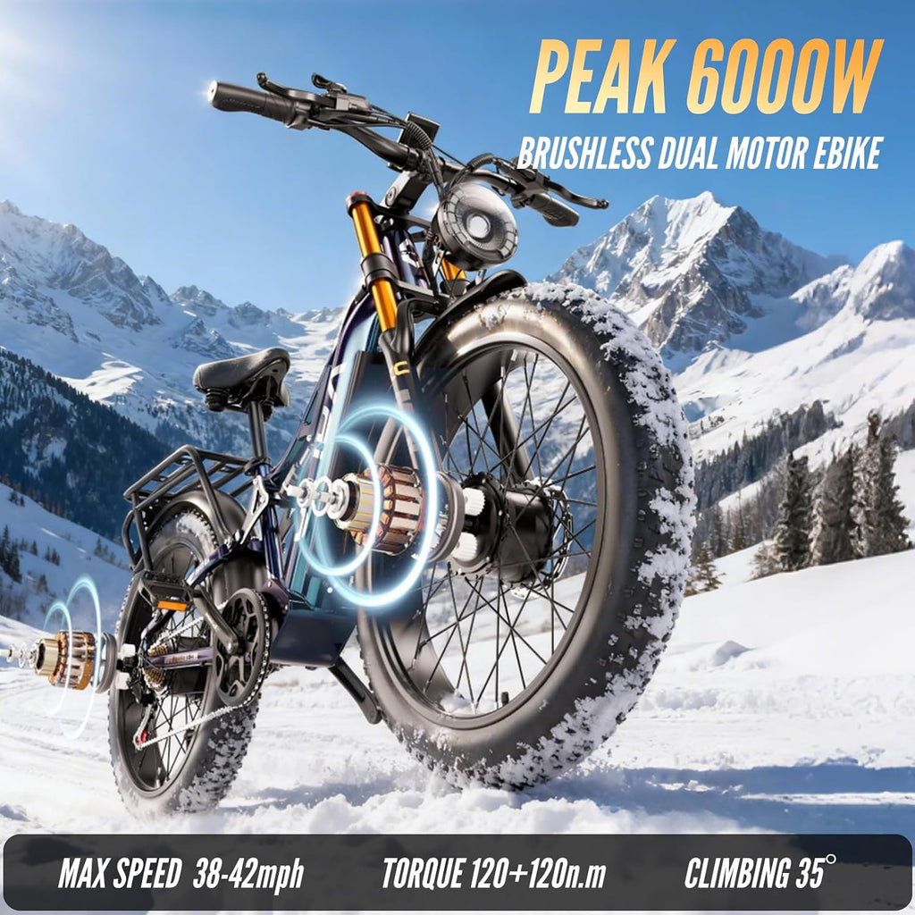 Peak 6000W Dual Motor Electric Bike for Adults 42MPH with 52V 20Ah，Up to 80 Miles, 26"x4" Fat Tire Full Suspension Ebike