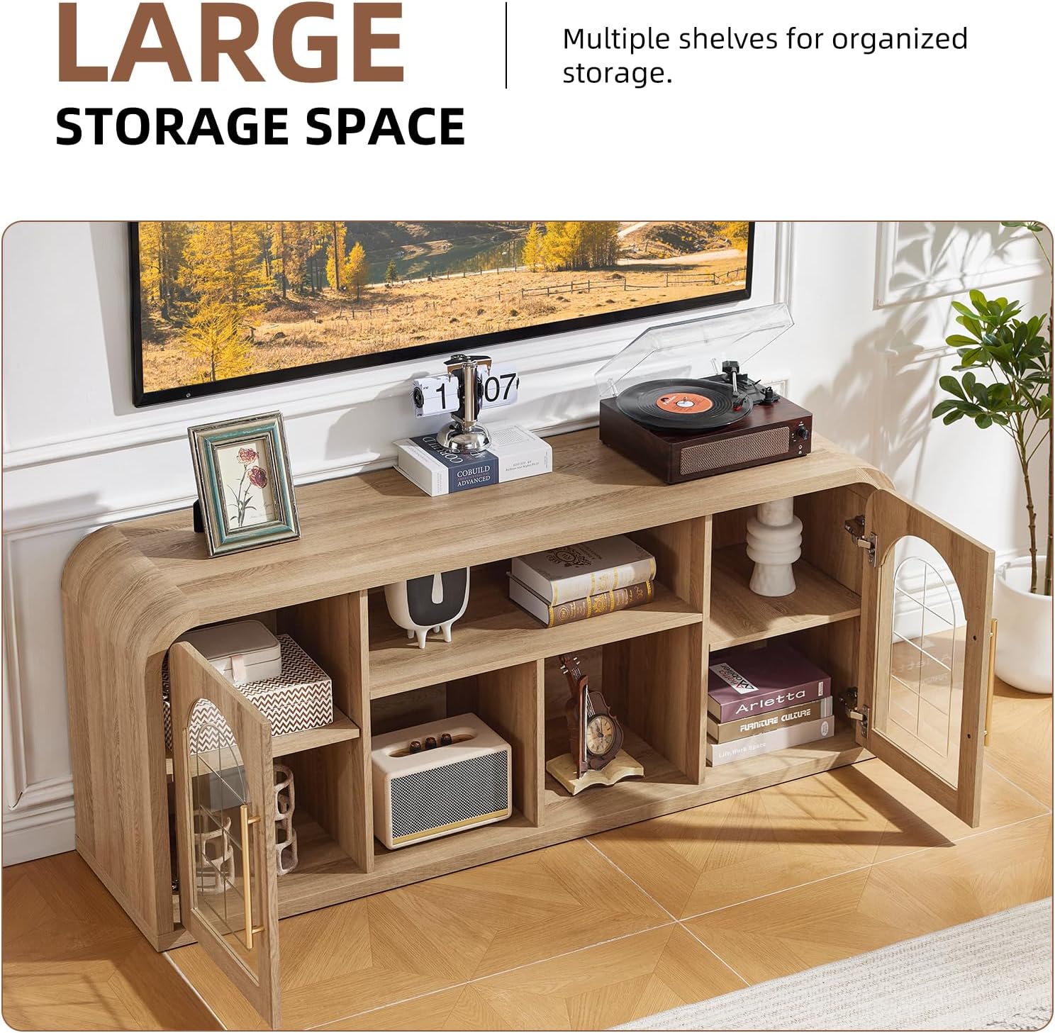 58" Curved TV Stand for TVs Up to 65", Modern Entertainment Center with Adjustable Shelves