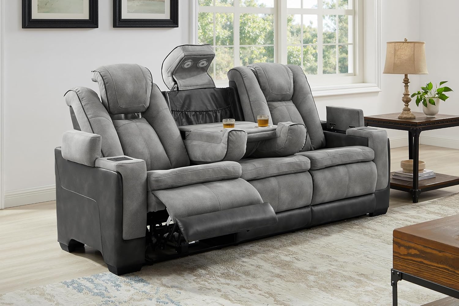 THSUPER Power Microfiber Reclining Sofa, Home Theater Seating Recliner Couch