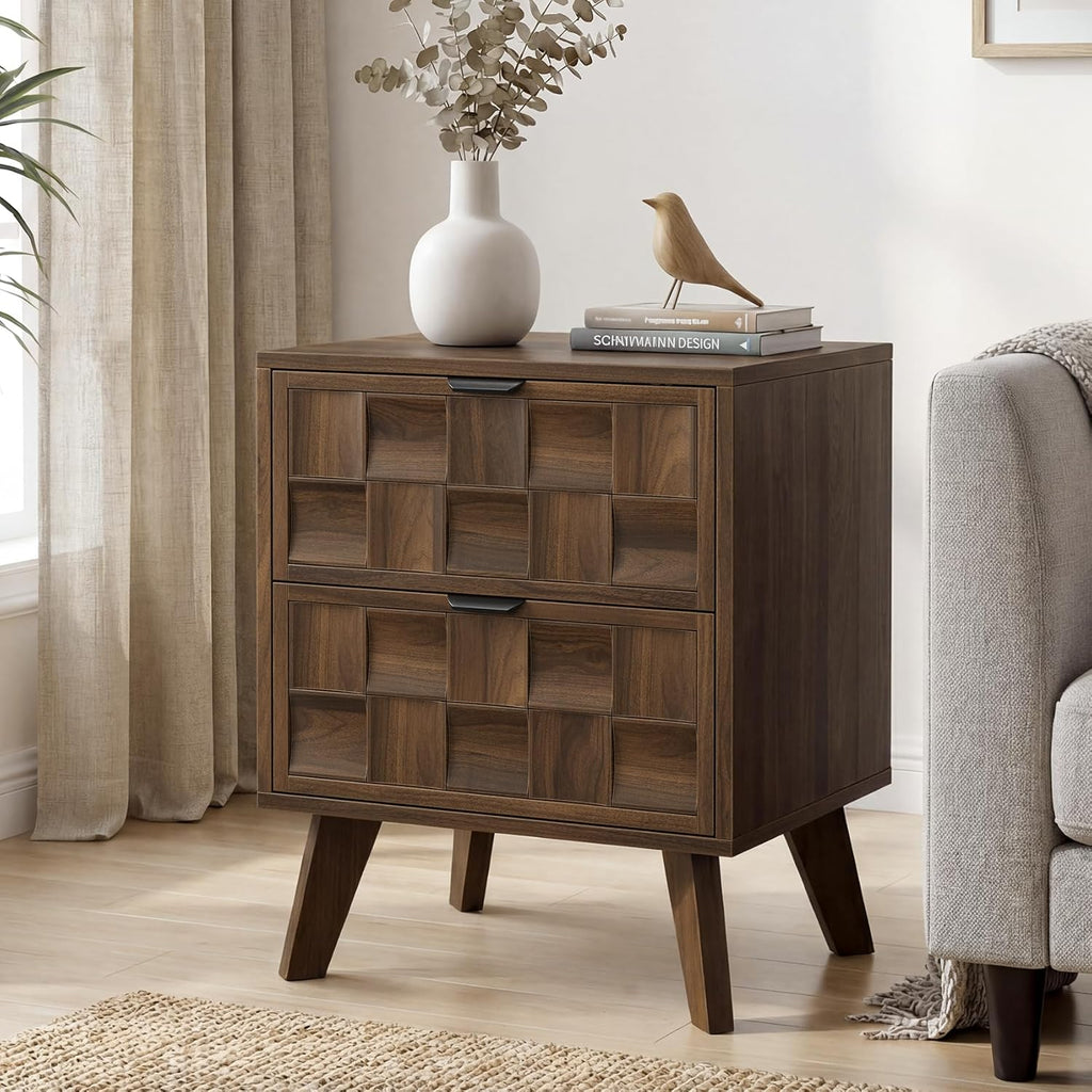 Smart FENDEE Nightstand with 2 Embossed Checkerboard Pattern Drawers, Bedside Table with Solid Wood Legs