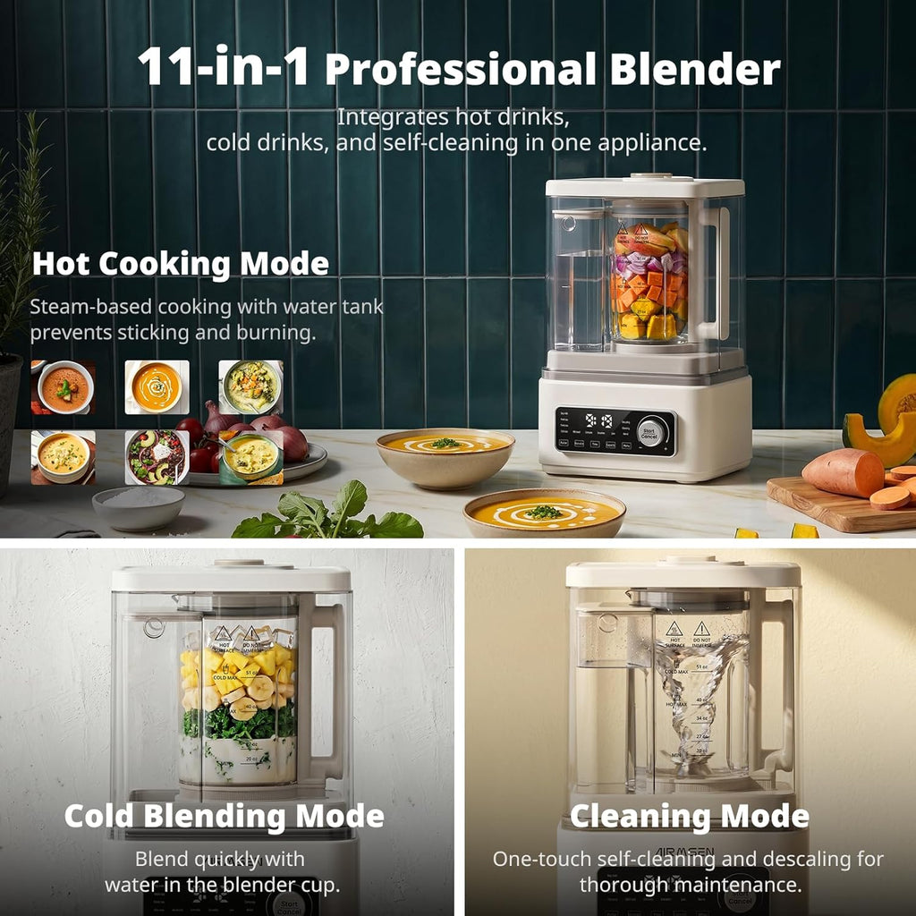 AIRMSEN 11-in-1 Steam Heating Glass Blender for Kitchen, 1200W Professional Countertop Blender with 68oz Removable Water Tank