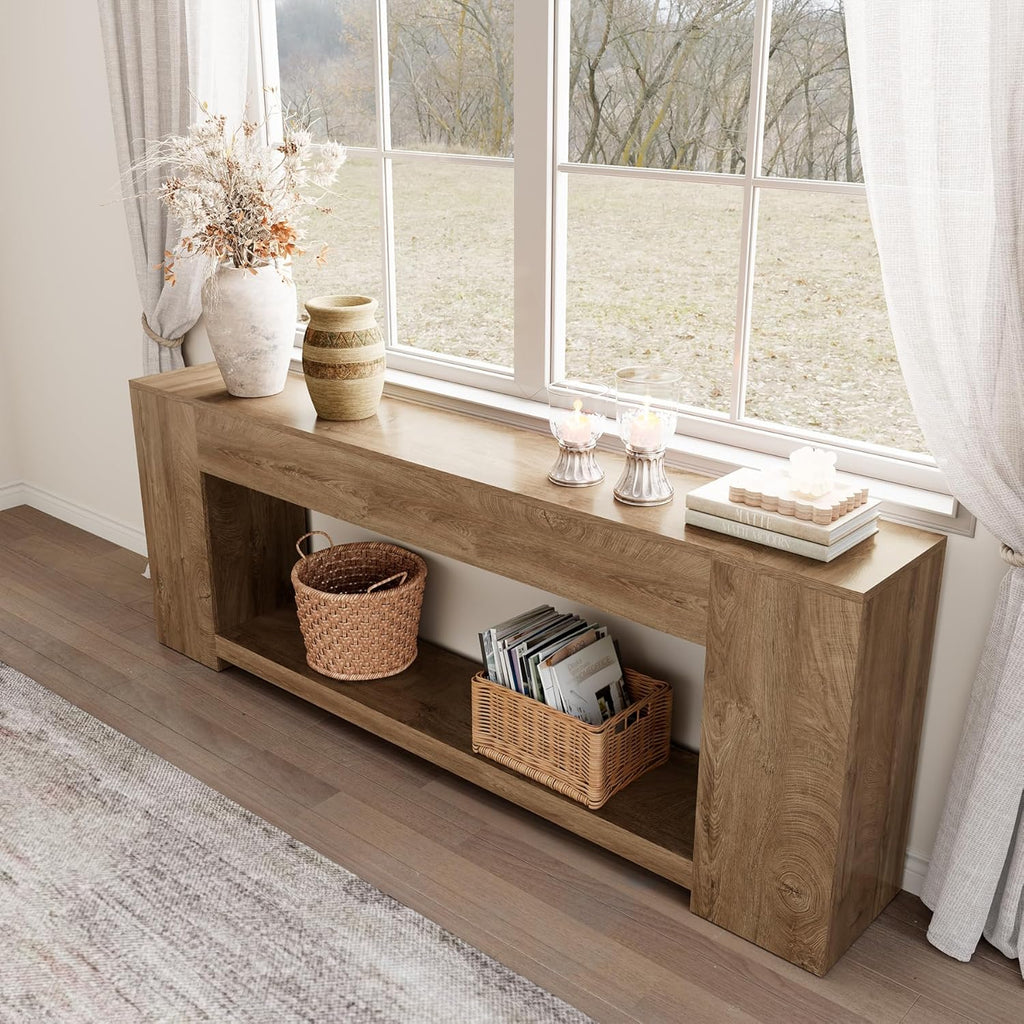 86-Inch Extra Long Console Table for Entryway, Farmhouse Sofa Table Behind Couch Wooden, 2-Tier Entry