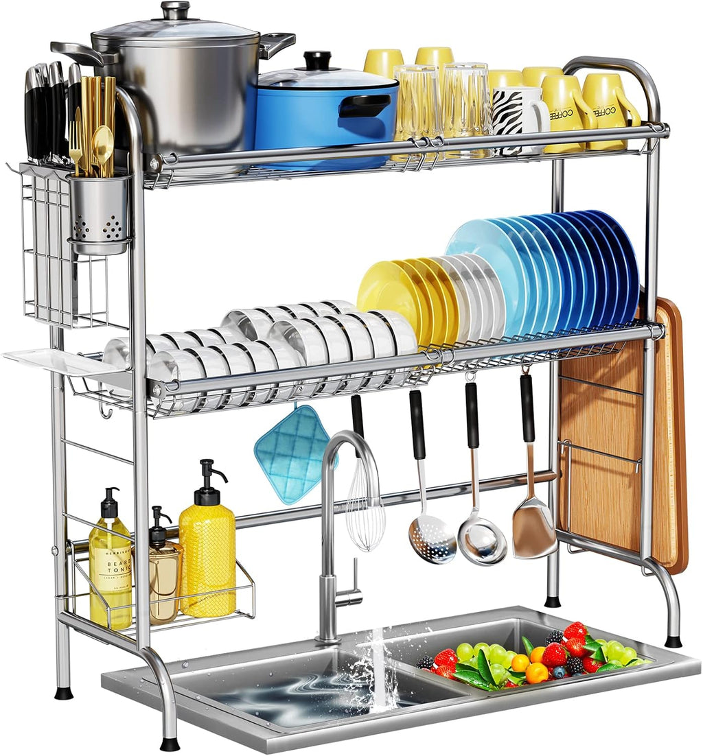 HOWDIA Stainless Steel 2-Tier Over The Sink Dish Drying Rack with Utensil Holder