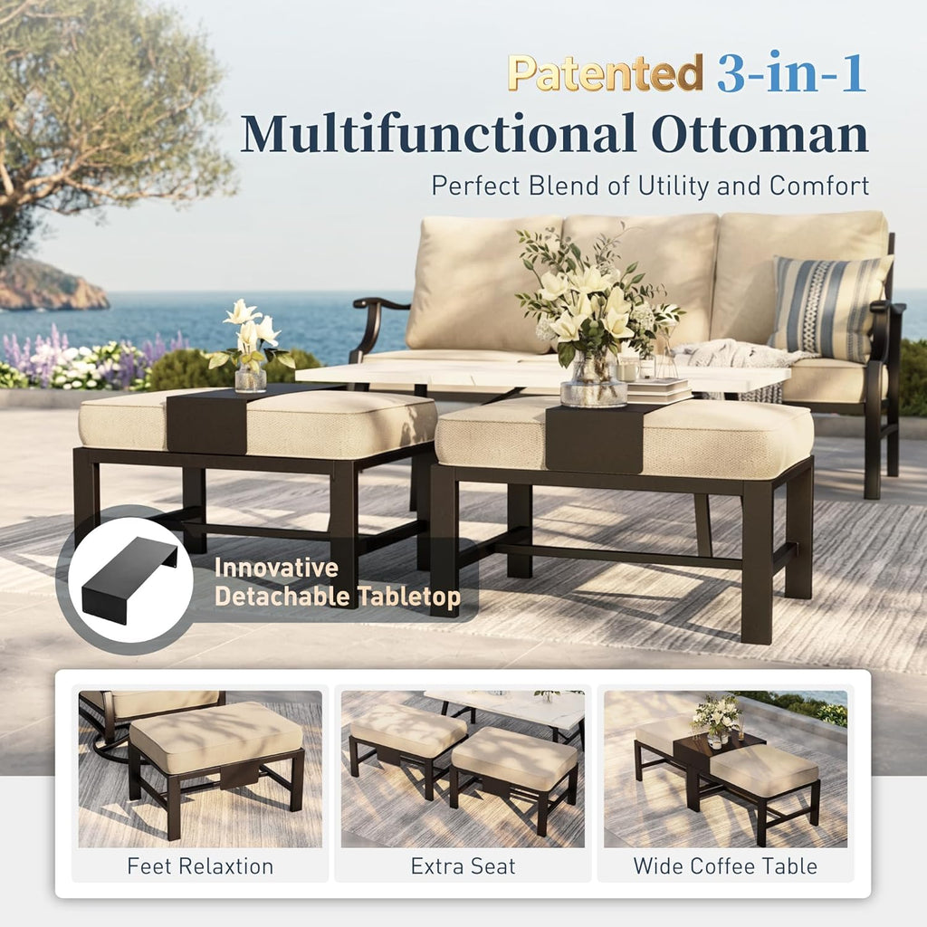 Patio Furniture Set, Modern Metal Outdoor Patio Furniture, 3 Seater Sofa, 2 Swivel Chairs, 2 Ottomans