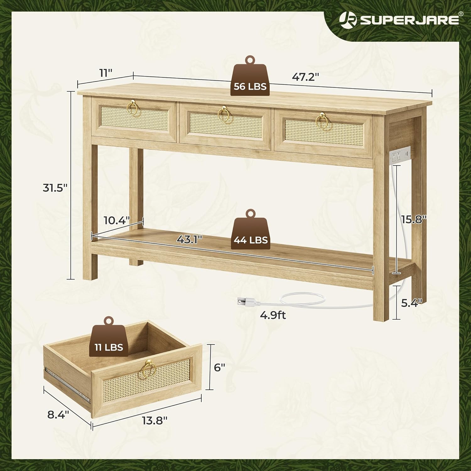 SUPERJARE Rattan Console Sofa Table with Outlets and USB-C Port, 3 Drawer