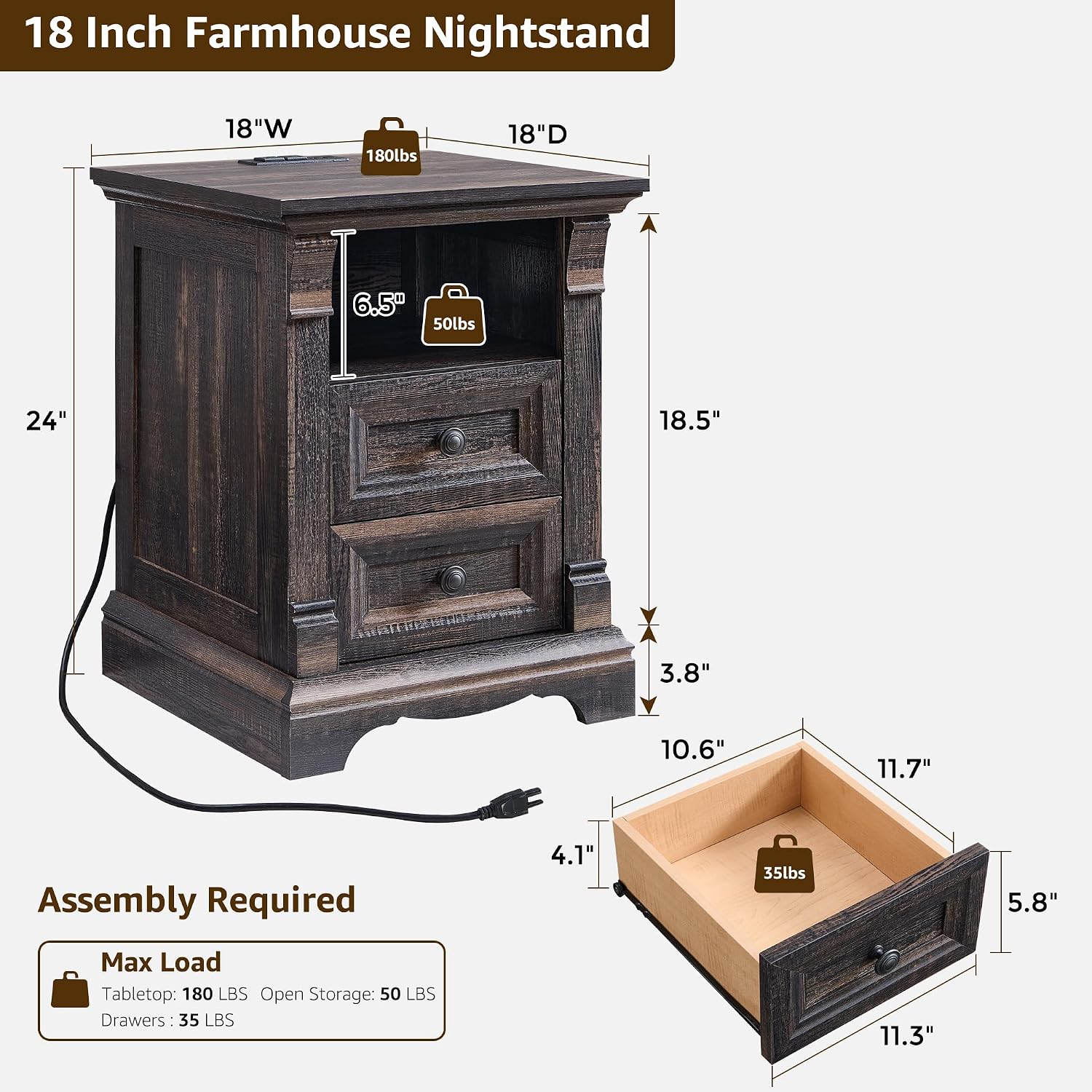Farmhouse Nightstand with Charging Station, 18" End Table with 2 Drawers Storage and 1 Storage Shelf