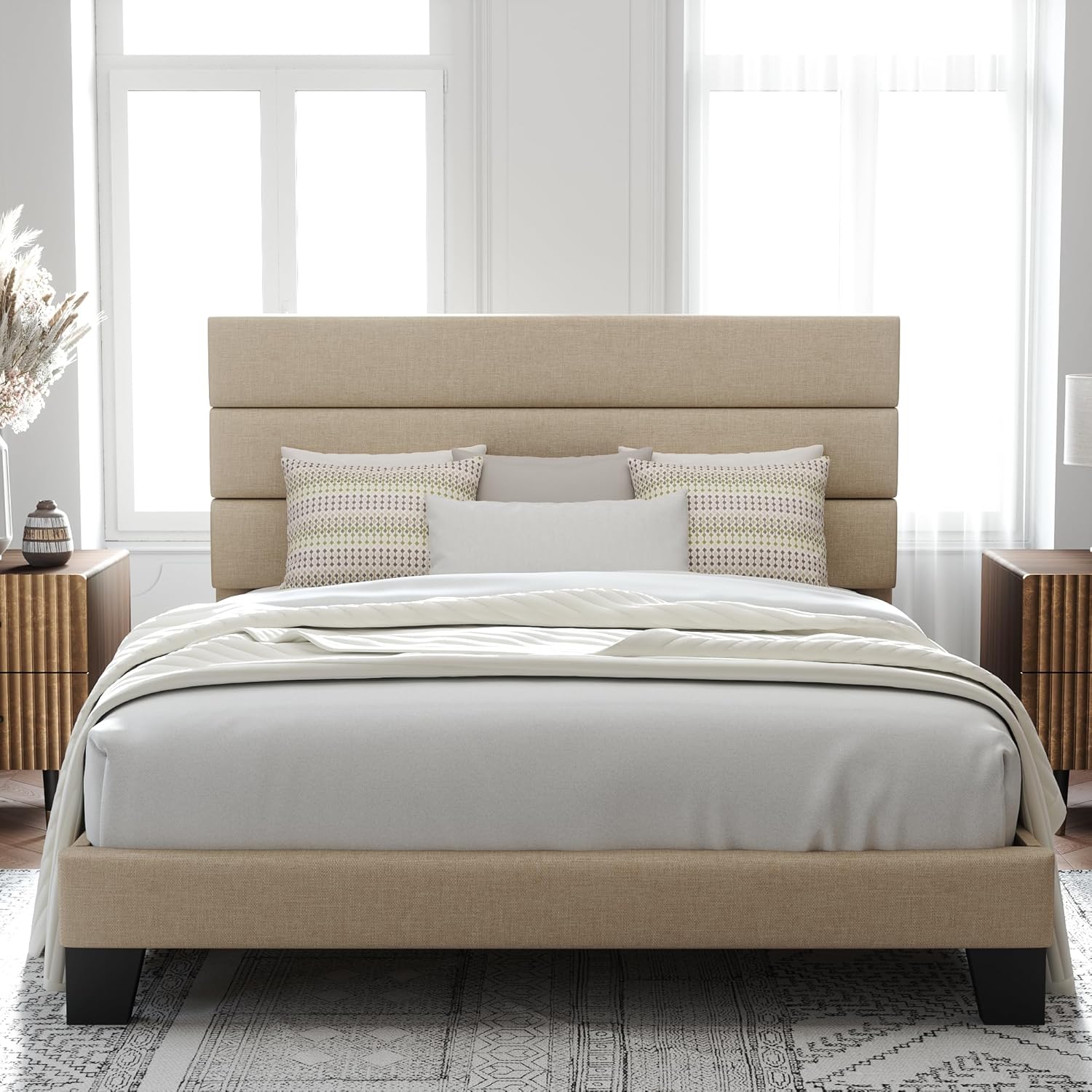 Allewie Queen Size Platform Bed Frame with Fabric Upholstered Headboard and Wooden Slats