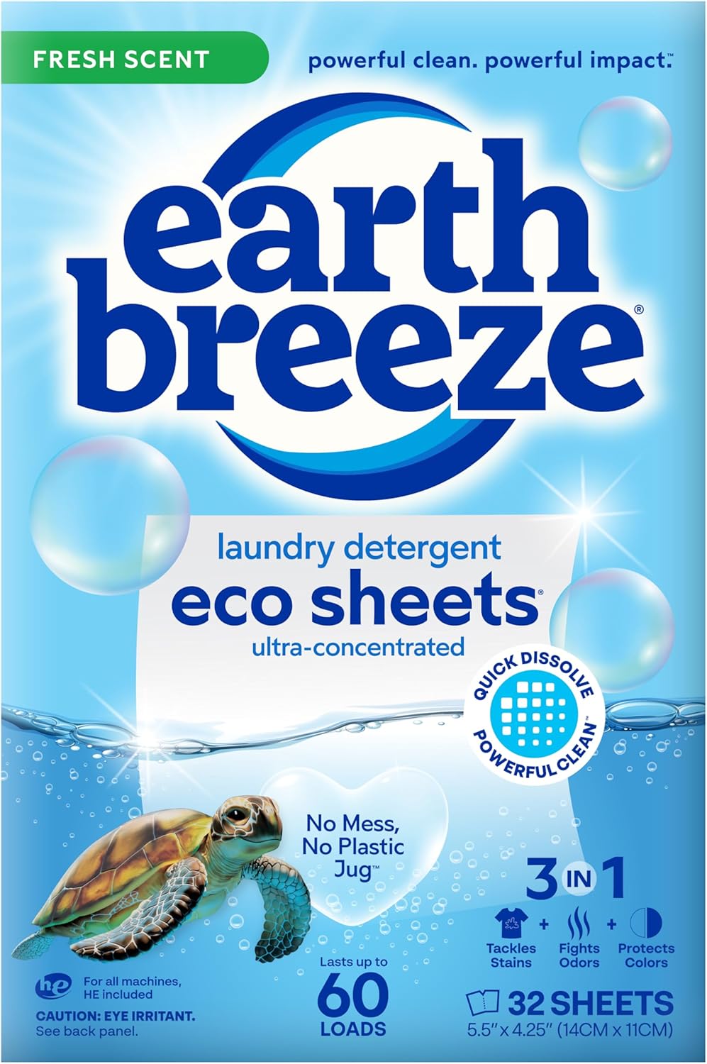Earth Breeze Laundry Detergent Sheets Fresh Scent - 60 Loads Eco Liquidless Soap - Travel-Friendly for Hot & Cold Cycles