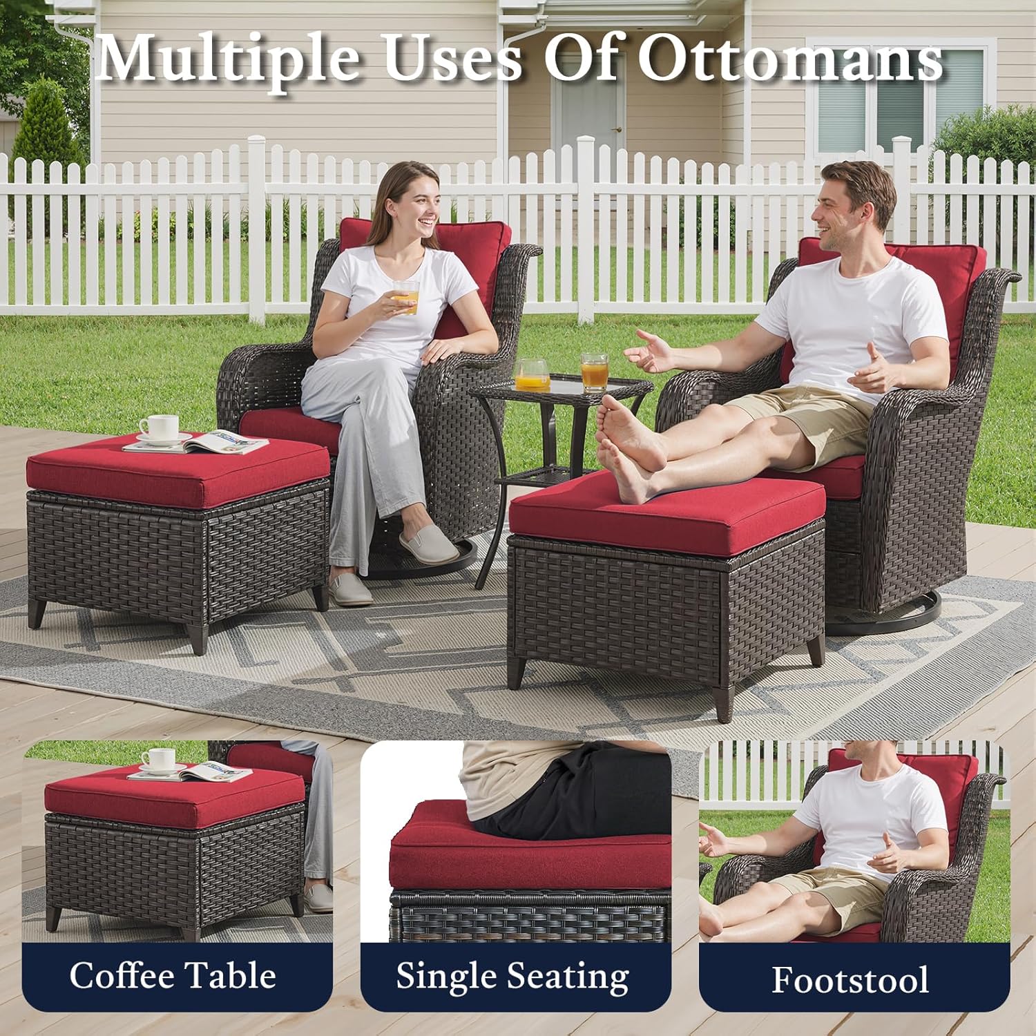 6 Piece Patio Furniture Set with Ottoman - All Weather Patio Conversation Set with 4 Inch Thick Cushions