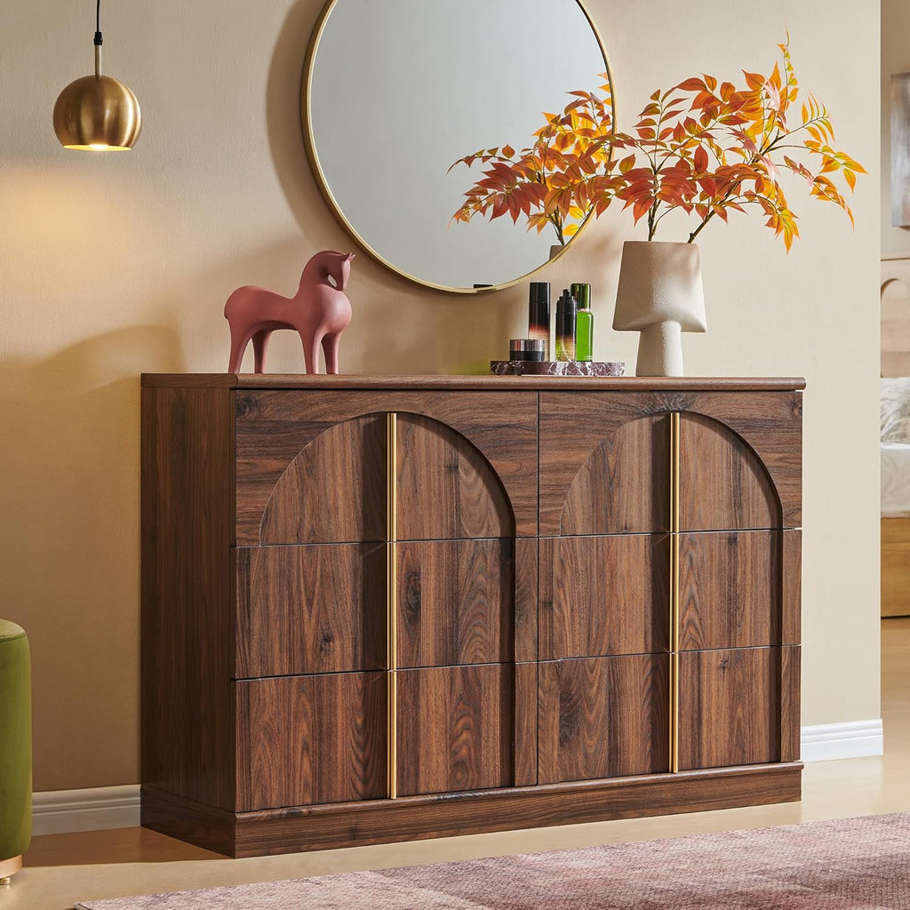 Arched Dresser for Bedroom with 6 Drawers, 47.3" Wide Modern Chest of Drawers with Rounded Edge & Metal Handles