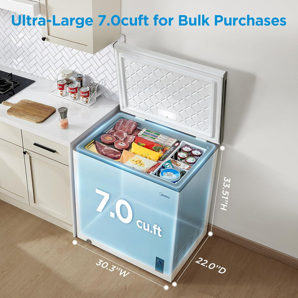 Midea MERC07C4BAWW Chest Freezer, 7.0 Cubic Feet Freezer With Removable Basket