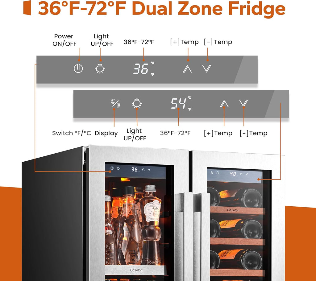 Ca'Lefort 24in Wine Fridge & Beverage Refrigerator with 3 Color LED Lights, Independent Dual Temp Zone Mini Fridge