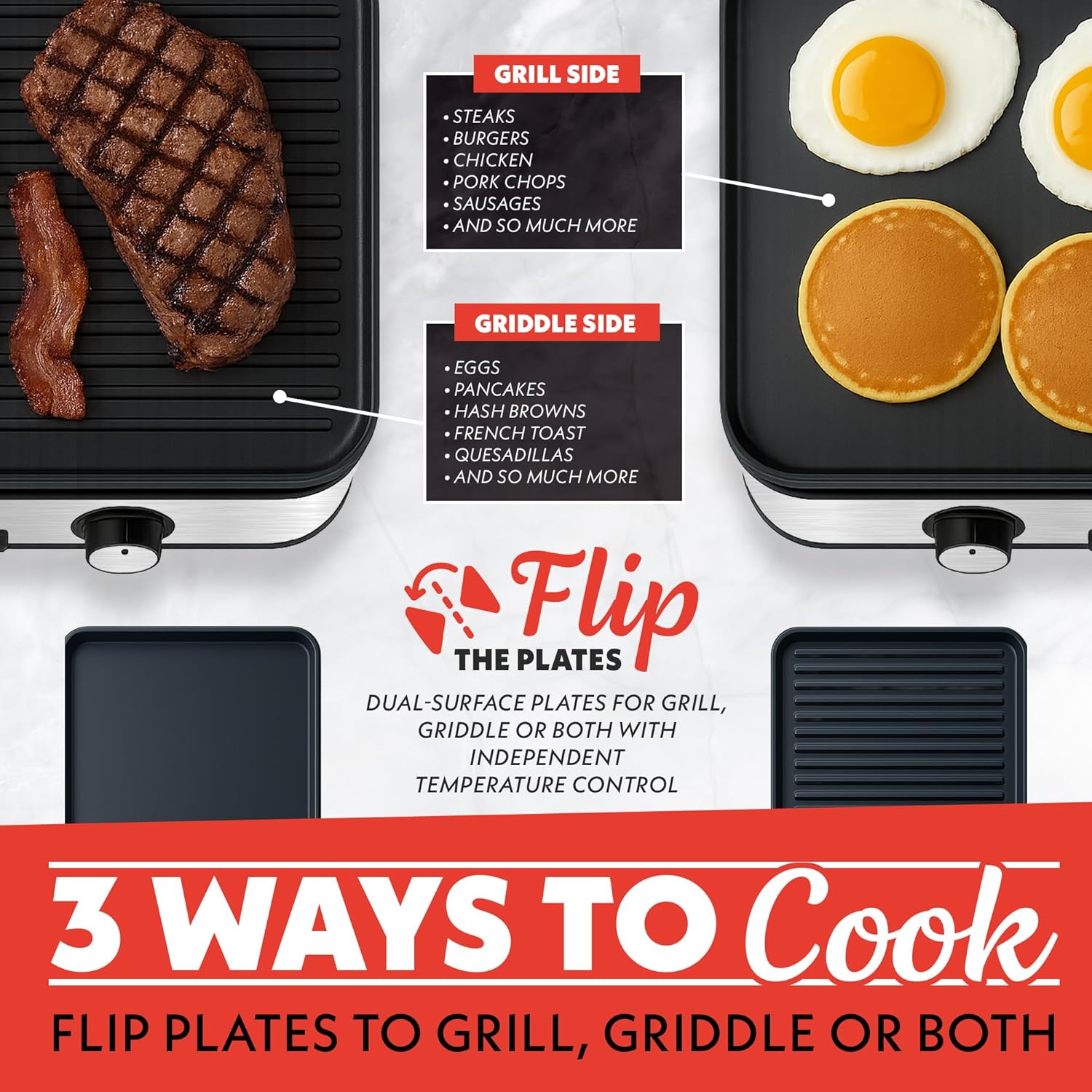 Gourmia 3-in-1 Indoor Grill & Griddle Electric Combo – Dual Independent Cooking Zones, Reversible Nonstick