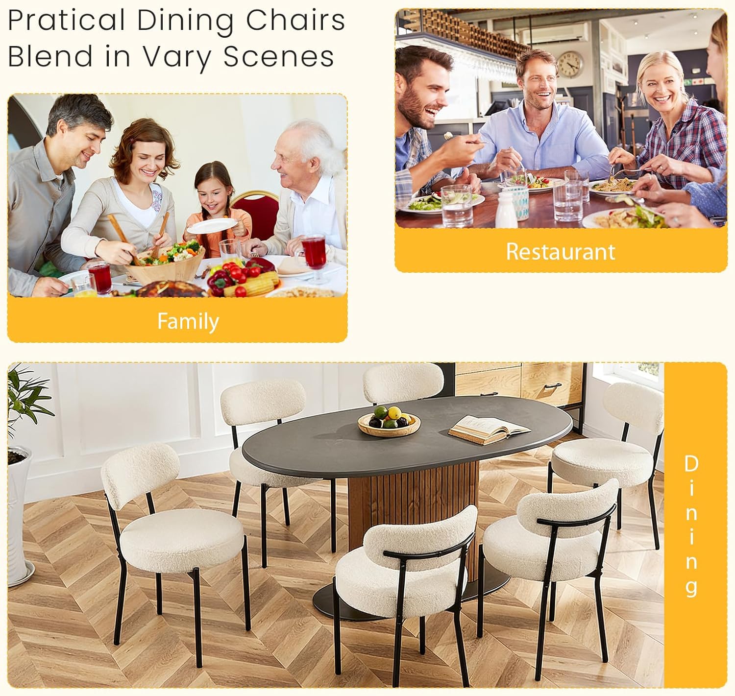 DUMOS Dining Chairs Set of 4, Mid Century Modern Chair Round Upholstered Curved Backrest,