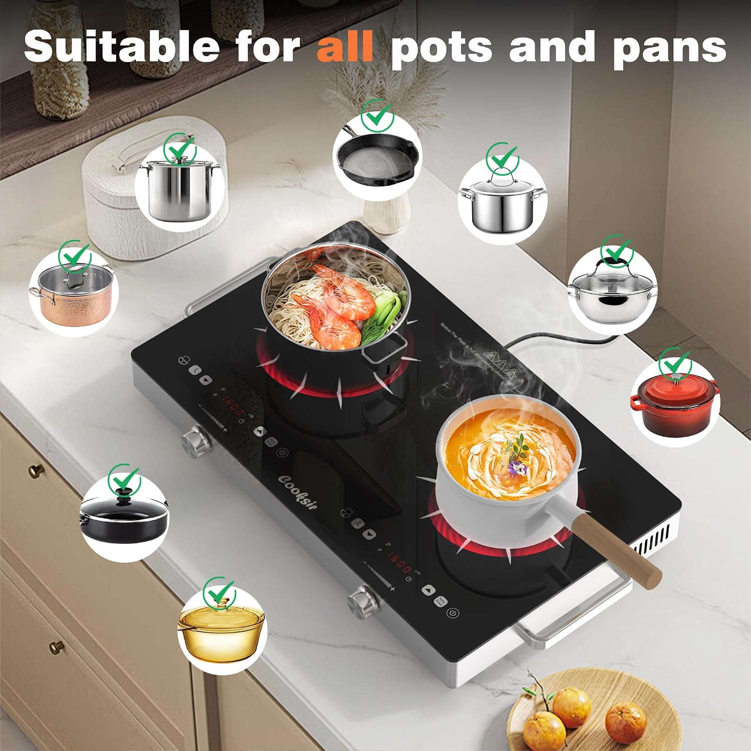 2 Burner Electric Cooktop - 24 Inch(22.2"x 13.1") Portable Electric Stove Top 110V, 2000W Countertop Two Burner Stove