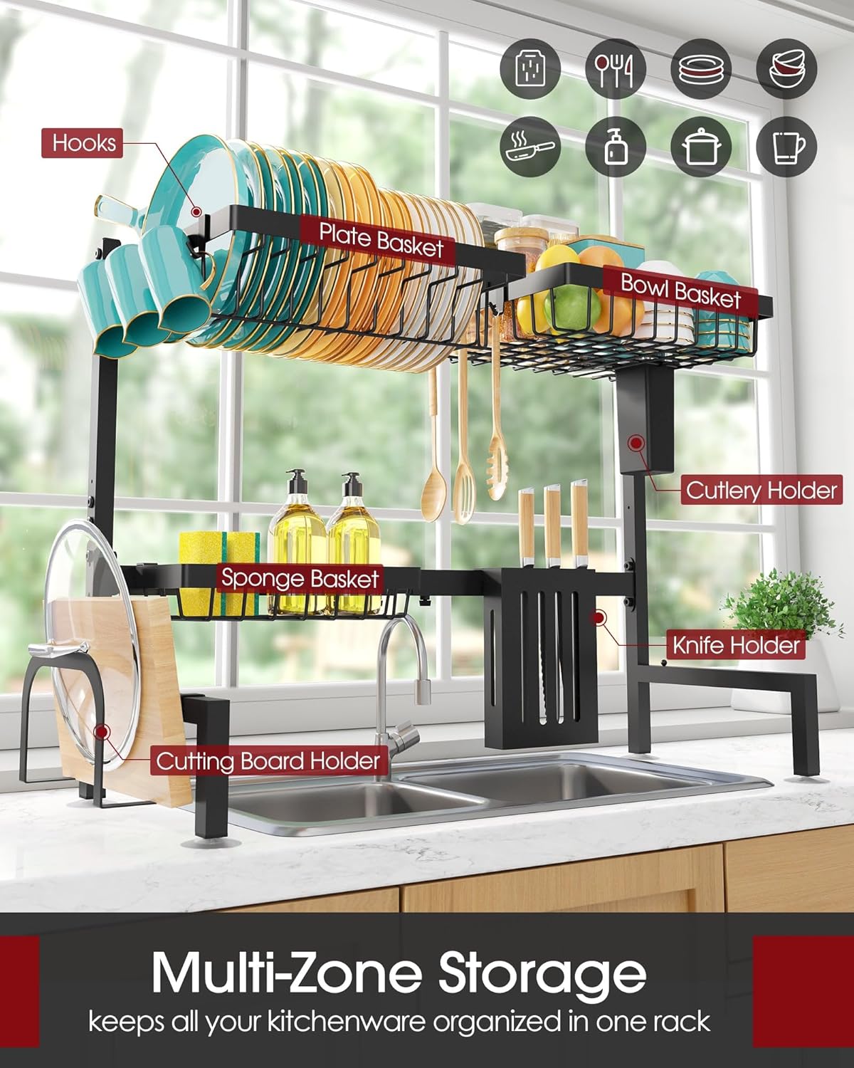 Sakugi Over The Sink Dish Drying Rack - Adjustable 2 Tier Large Capacity Stainless Steel Drainer with Cutlery & Utensil Holders